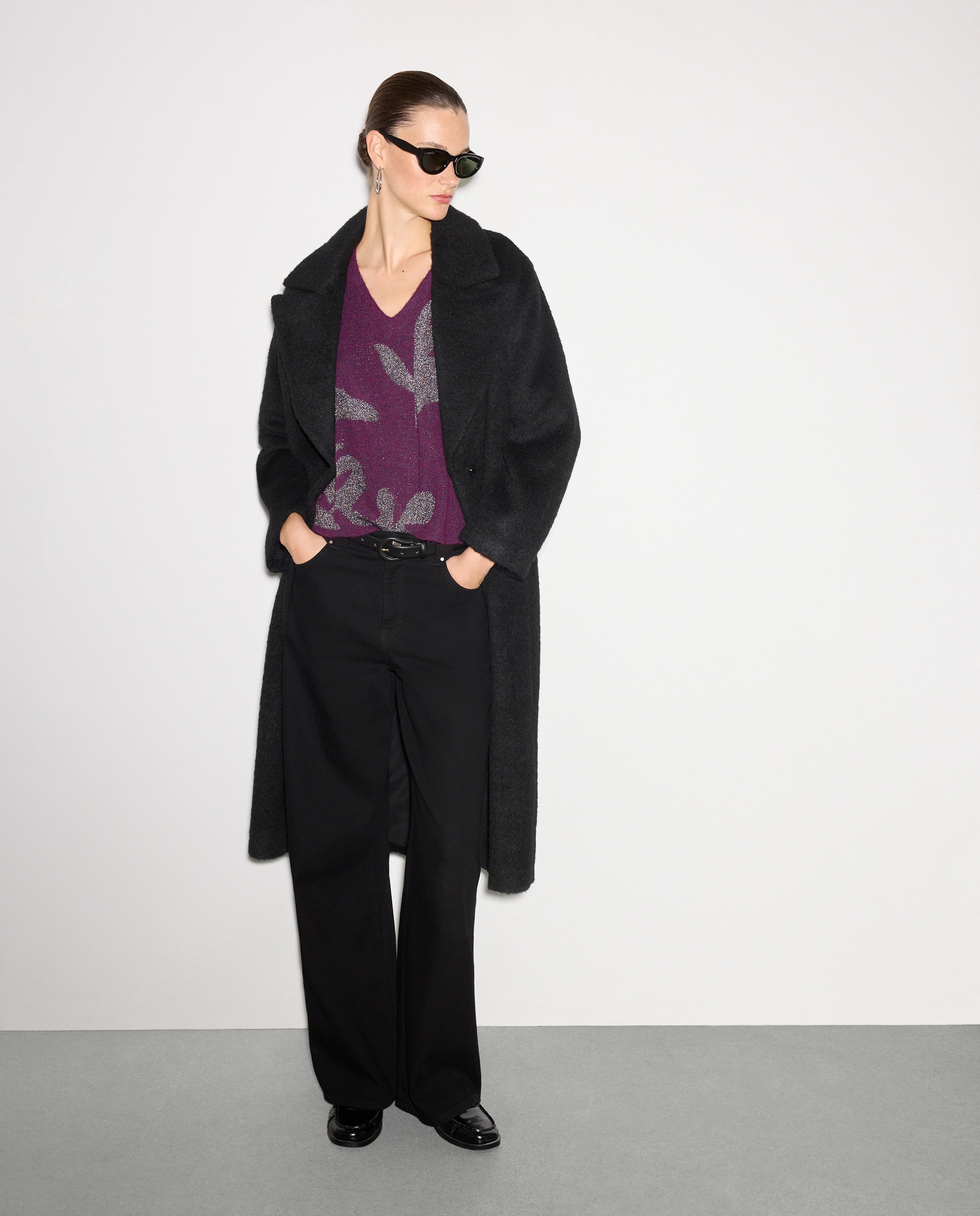 Camisola de Malha Jacquard com Decote em Bico Ameixa-2