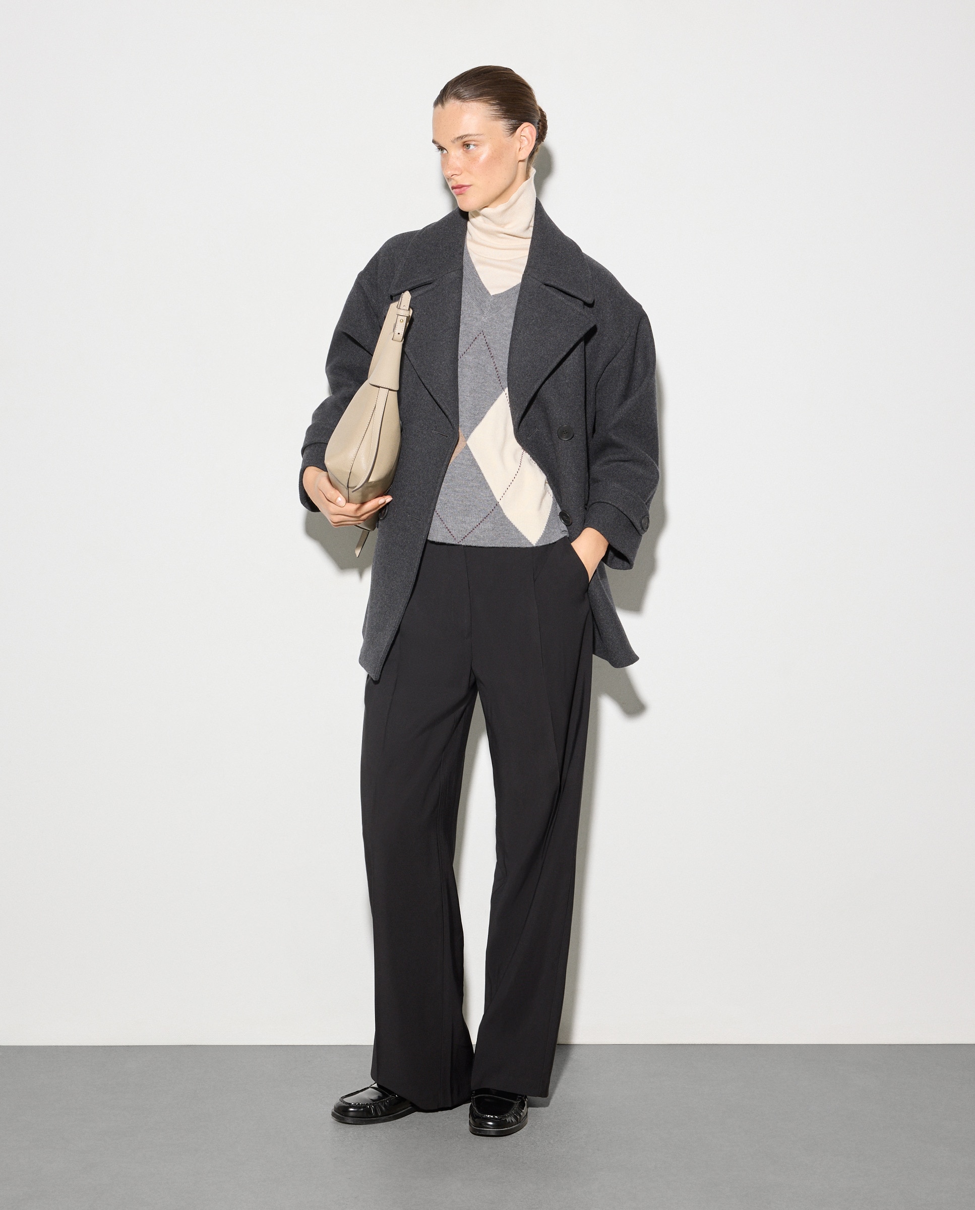 Camisola de Malha com Decote em Bico e Losango 820 Cinzento Médio-2