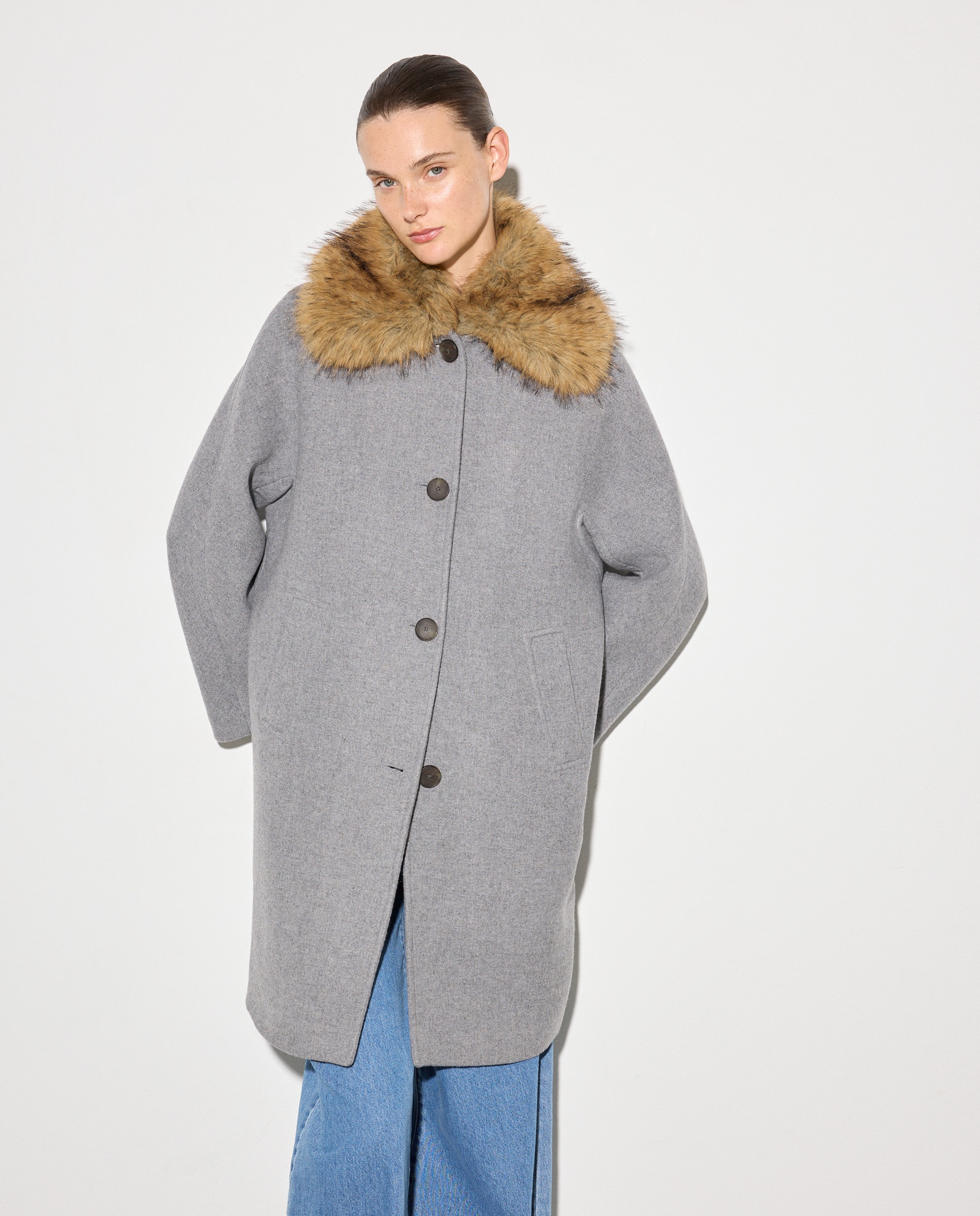 Sobretudo de Lã Liso 820 Cinzento Médio-1