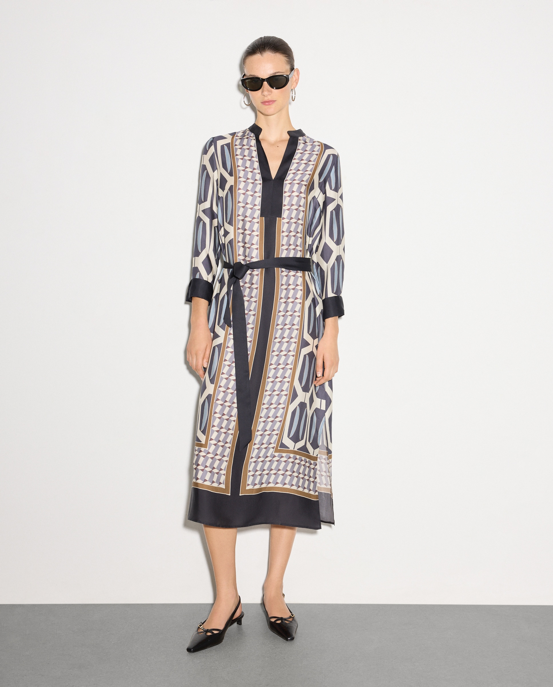 Vestido de Manga Comprida com Estampado Geométrico Preto-3