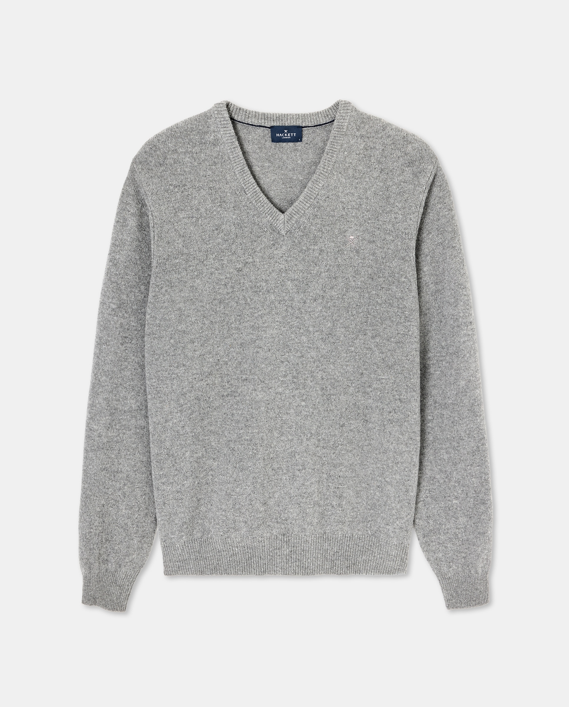 Camisola de Malha Lisa com Gola em Bico e Logótipo Bordado Cinzento-4