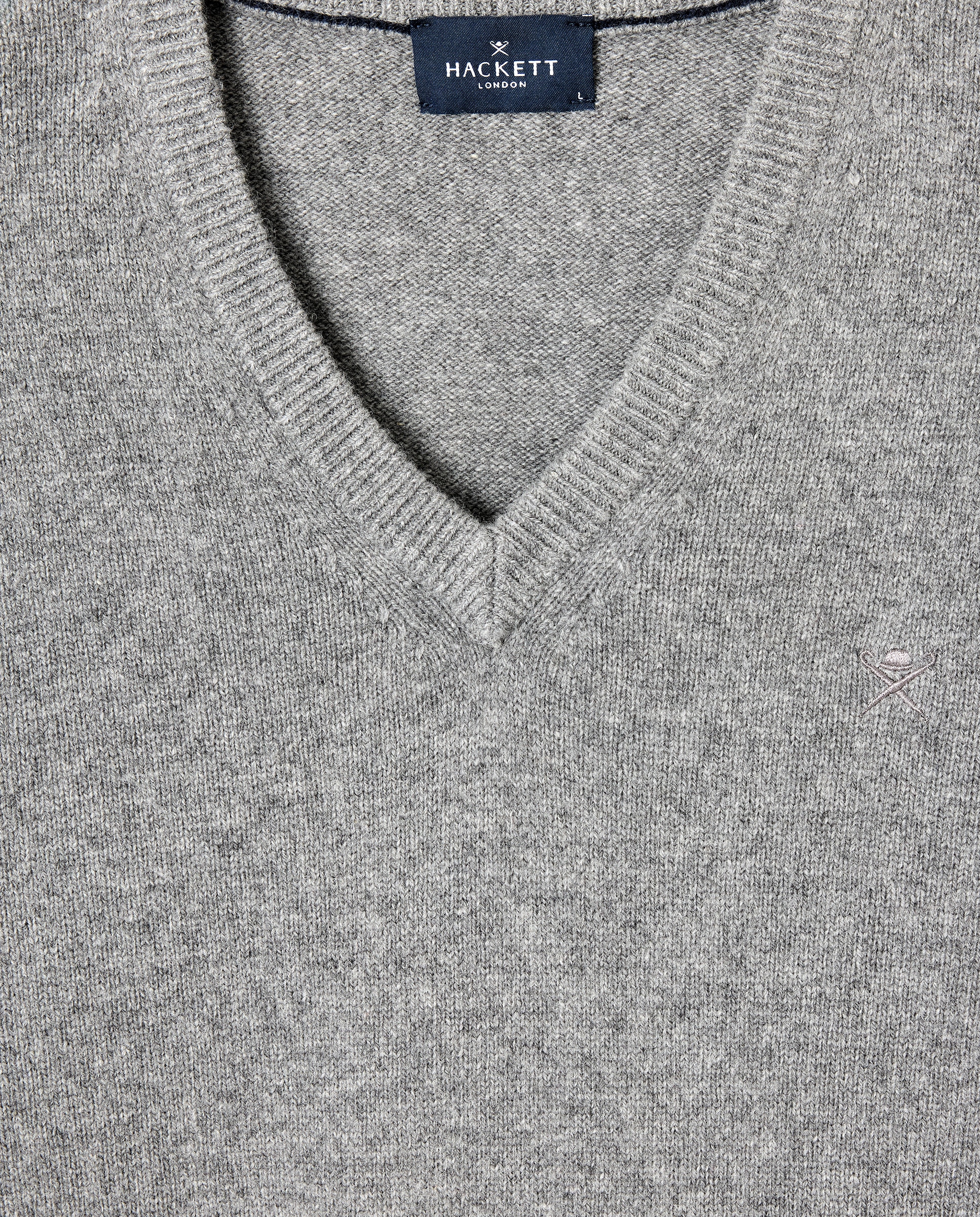 Camisola de Malha Lisa com Gola em Bico e Logótipo Bordado Cinzento-5