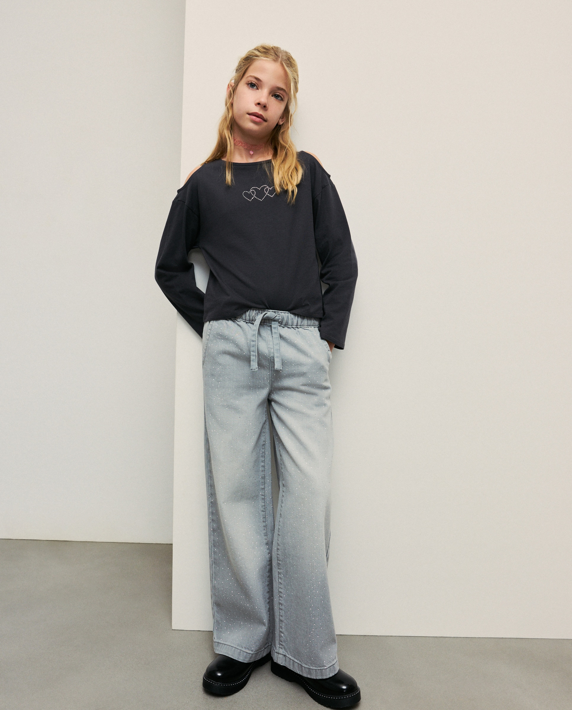 Pantalón vaquero wide leg de niña todo gomas · Kids El Corte