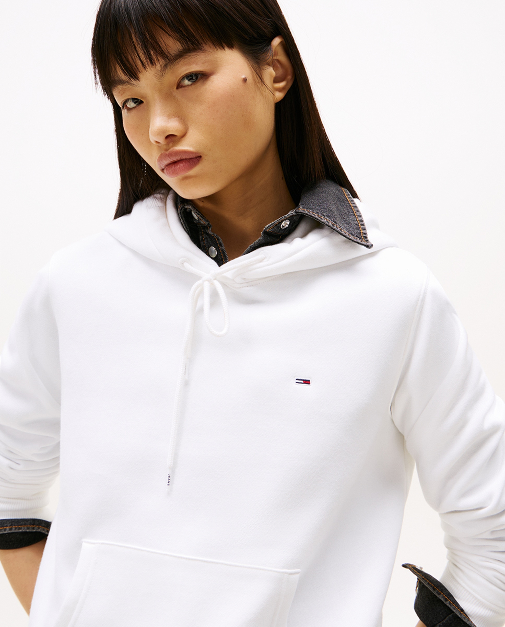 Sweatshirt de mulher com capuz e bolso canguru Branco-3