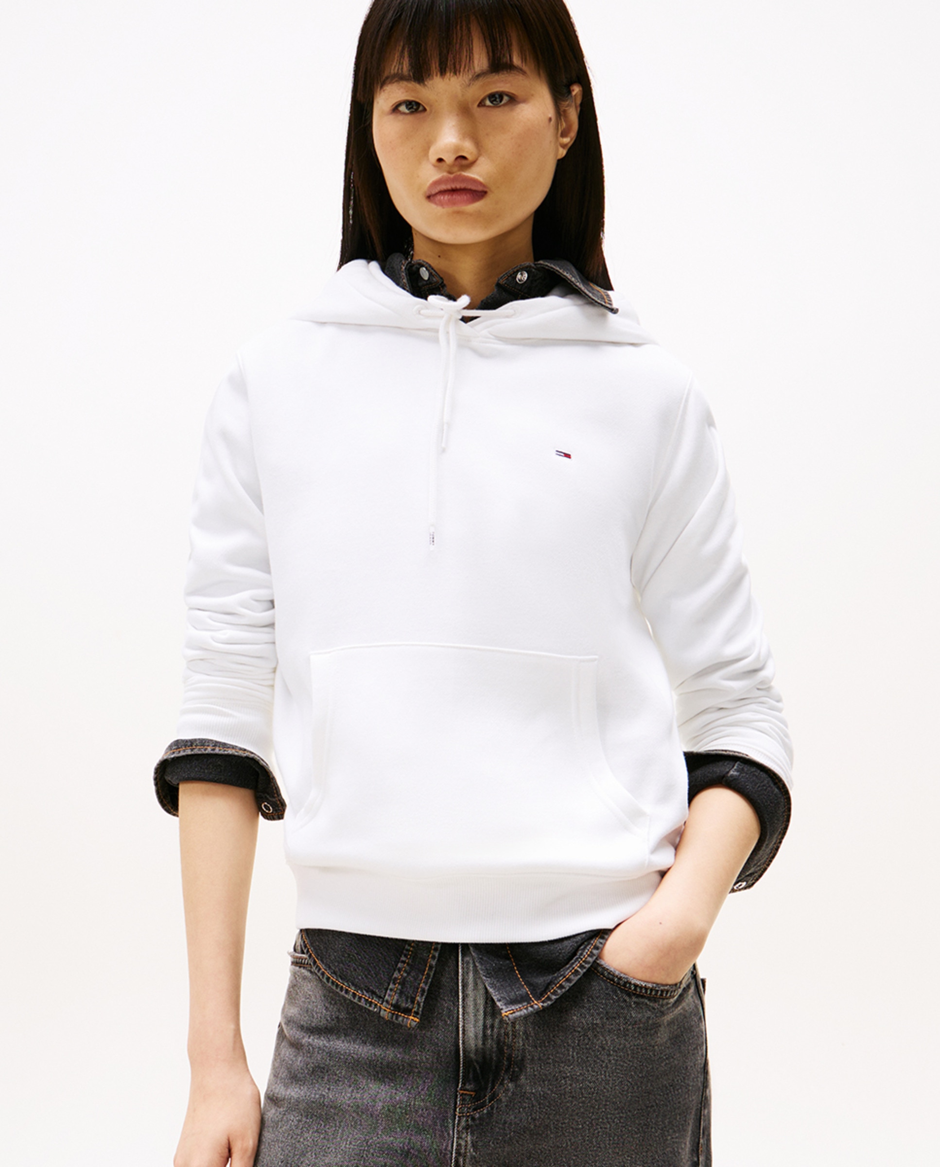 Sweatshirt de mulher com capuz e bolso canguru Branco-1
