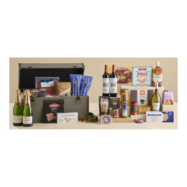 Imagen 0 de Baúl tela verde dulces navideños, embutidos ibéricos, vino y cava