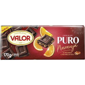 chocolate puro con almendras caramelizadas y naranja sin gluten tableta 170 g - Valor