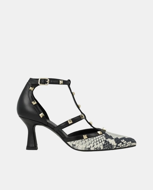 Imagen 0 de Zapatos de tacón LODI en piel beige con tiras negras y tachuelas doradas