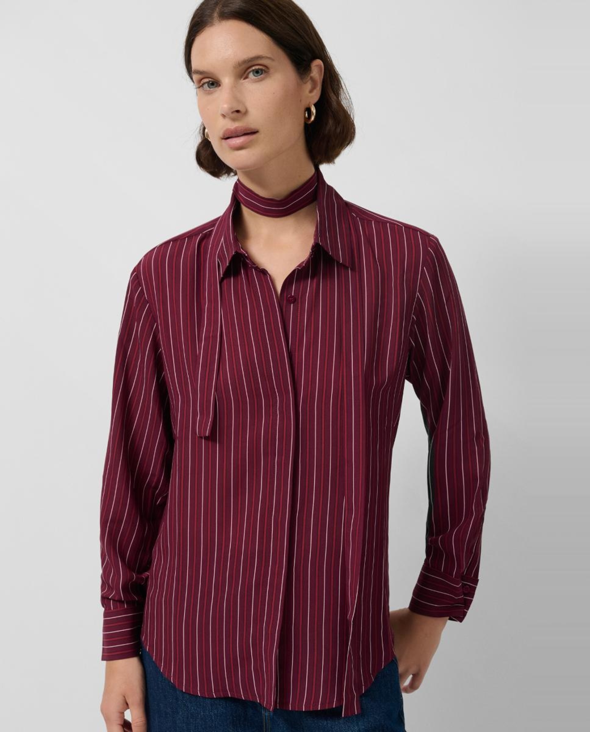 Camisa às Riscas com Laço no Colarinho Roxo-1
