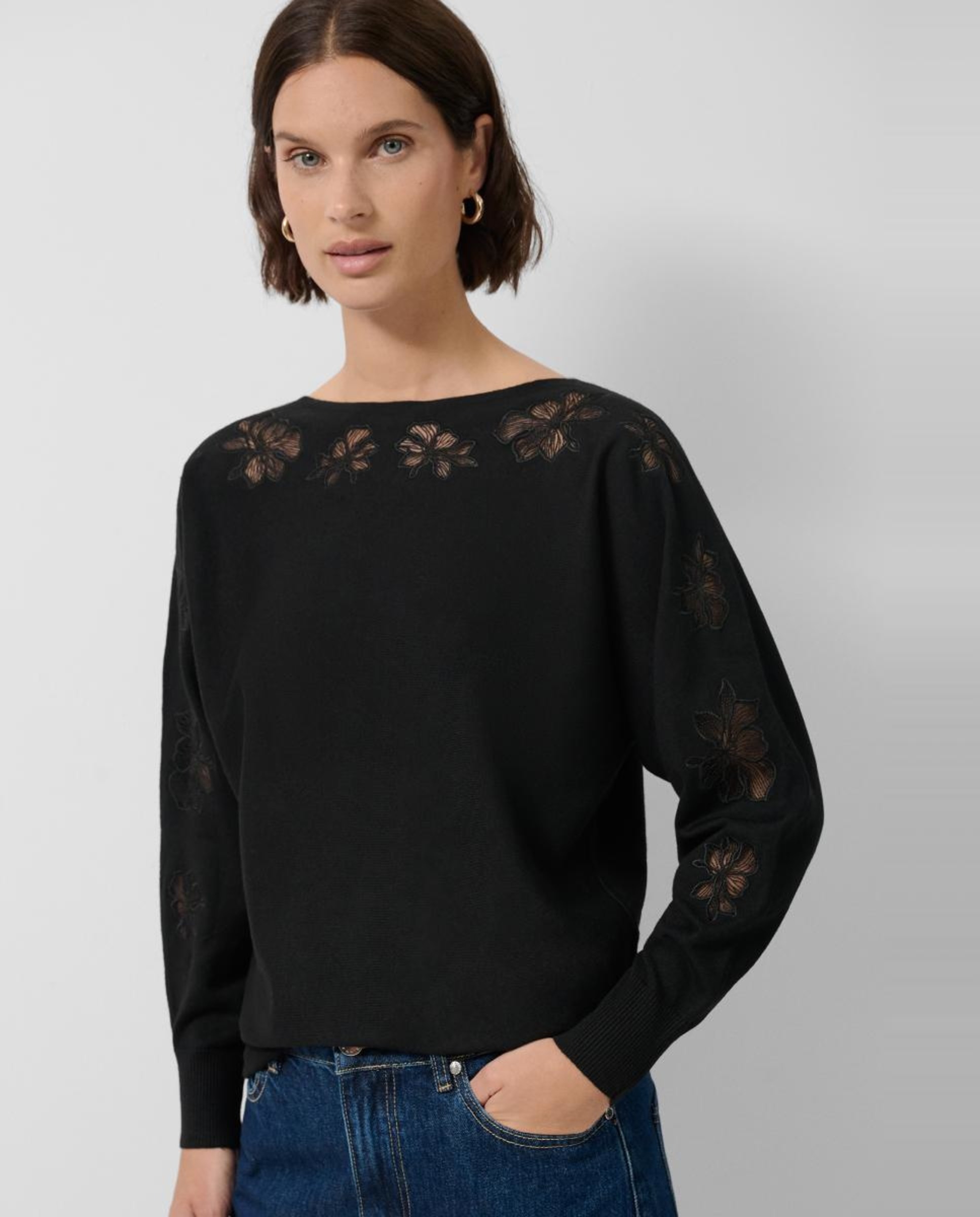 Camisola de Tule com Plumetti e Manga Comprida Preto-4