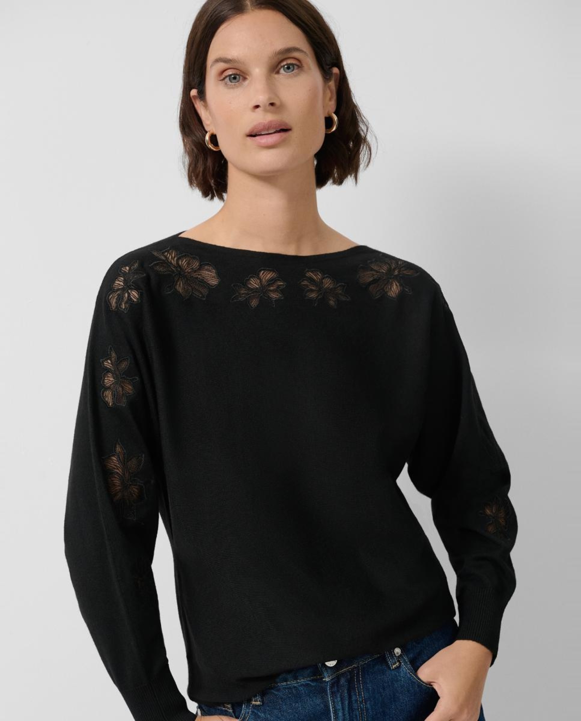 Camisola de Tule com Plumetti e Manga Comprida Preto-1