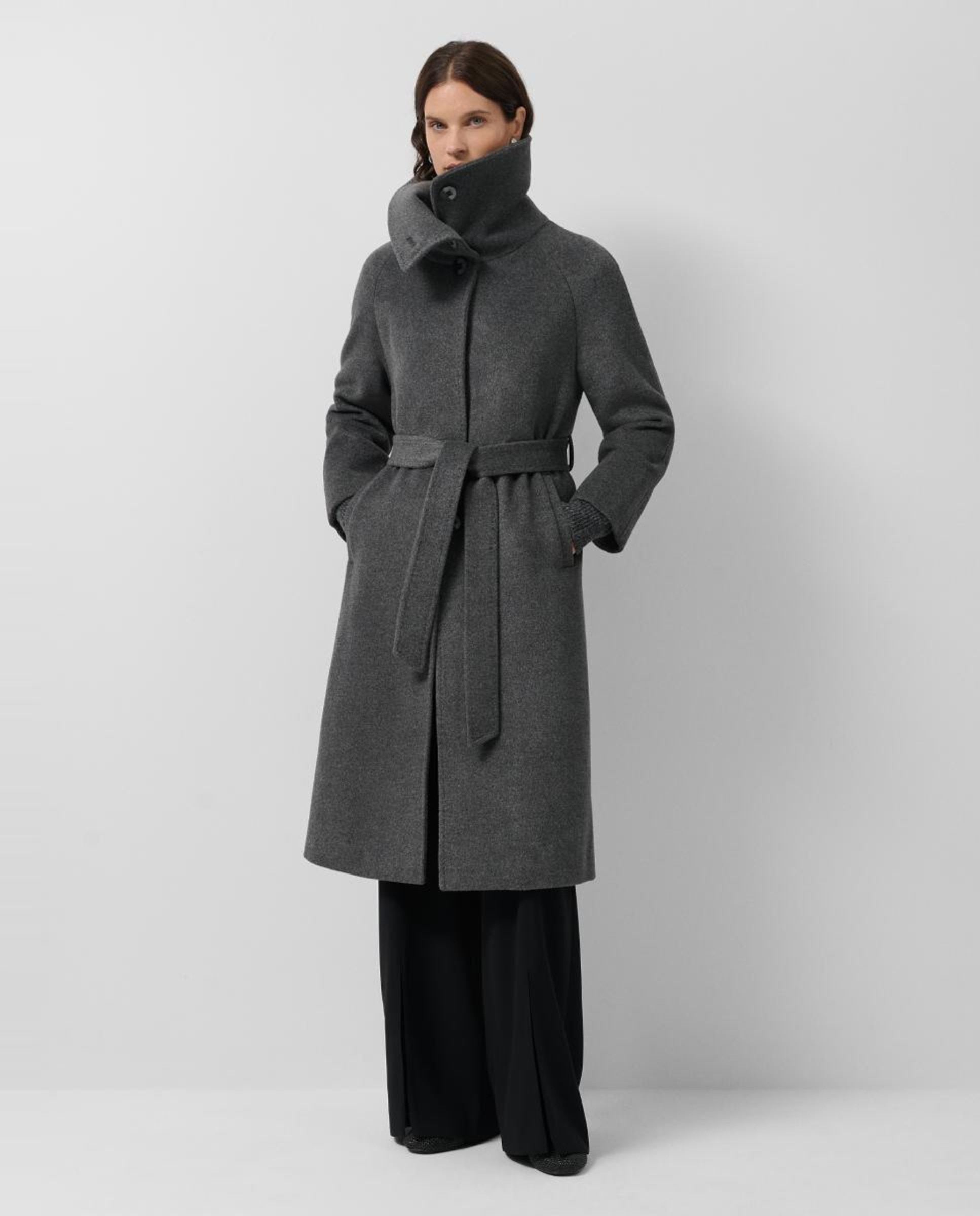 Sobretudo Comprido de Lã com Gola Envolvente Cinzento-escuro-6