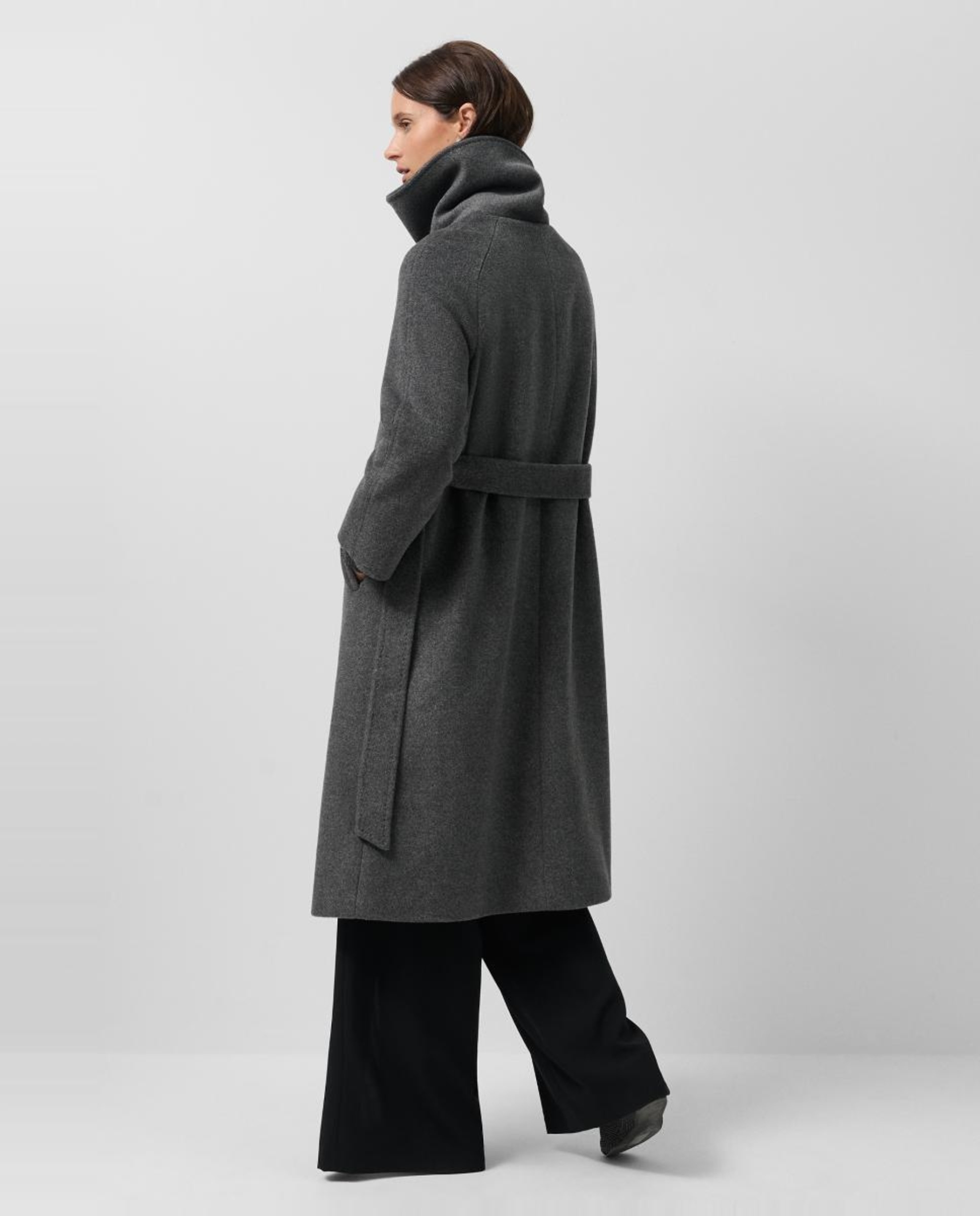 Sobretudo Comprido de Lã com Gola Envolvente Cinzento-escuro-5