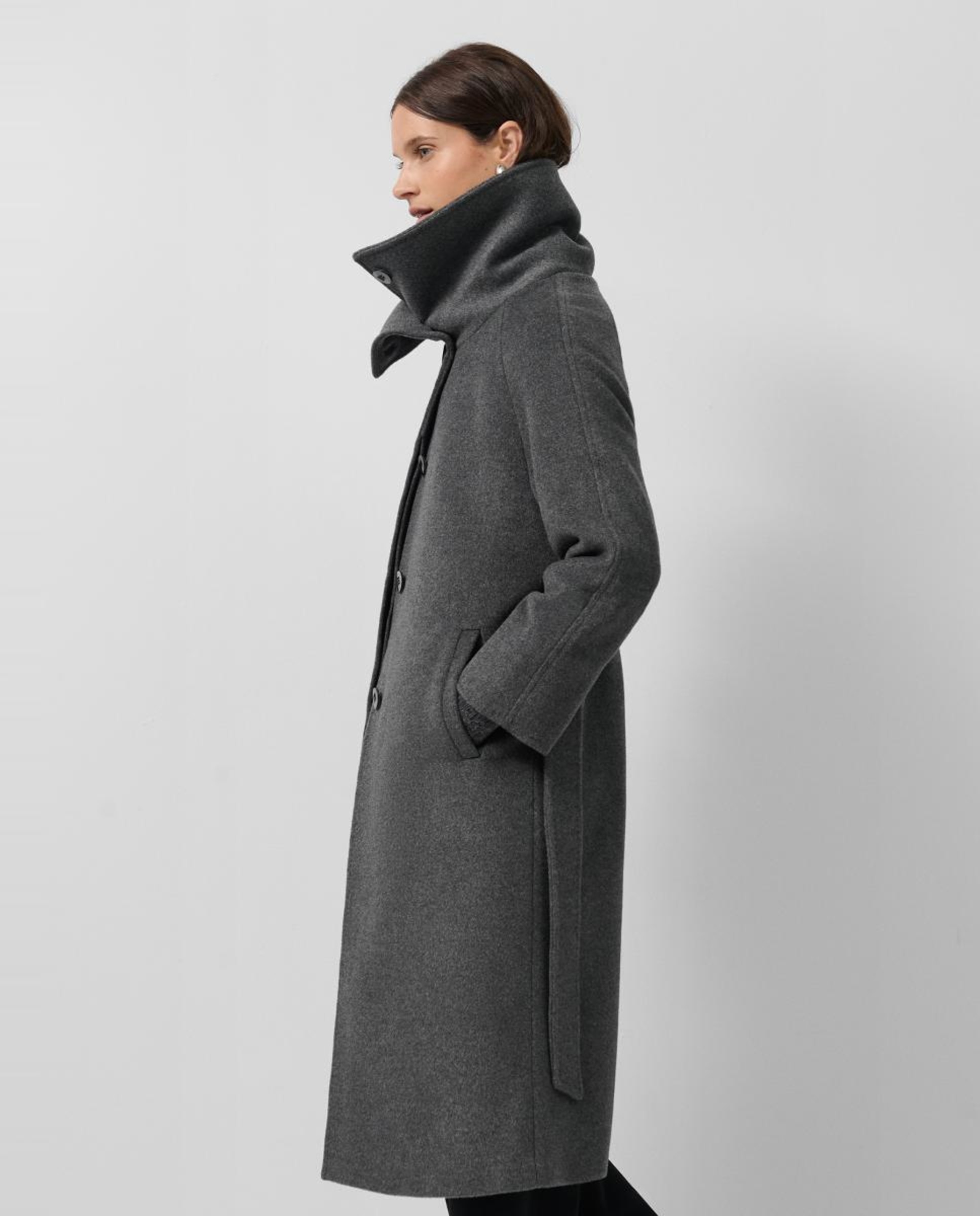 Sobretudo Comprido de Lã com Gola Envolvente Cinzento-escuro-4
