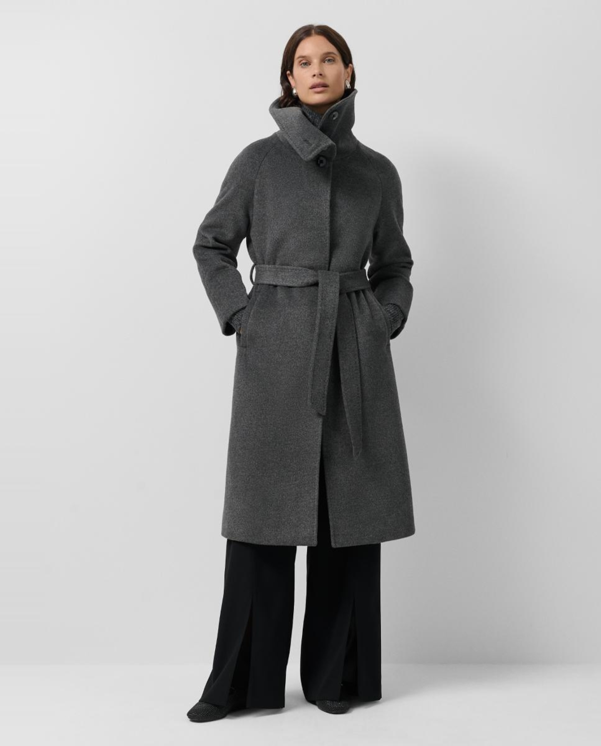 Sobretudo Comprido de Lã com Gola Envolvente Cinzento-escuro-1