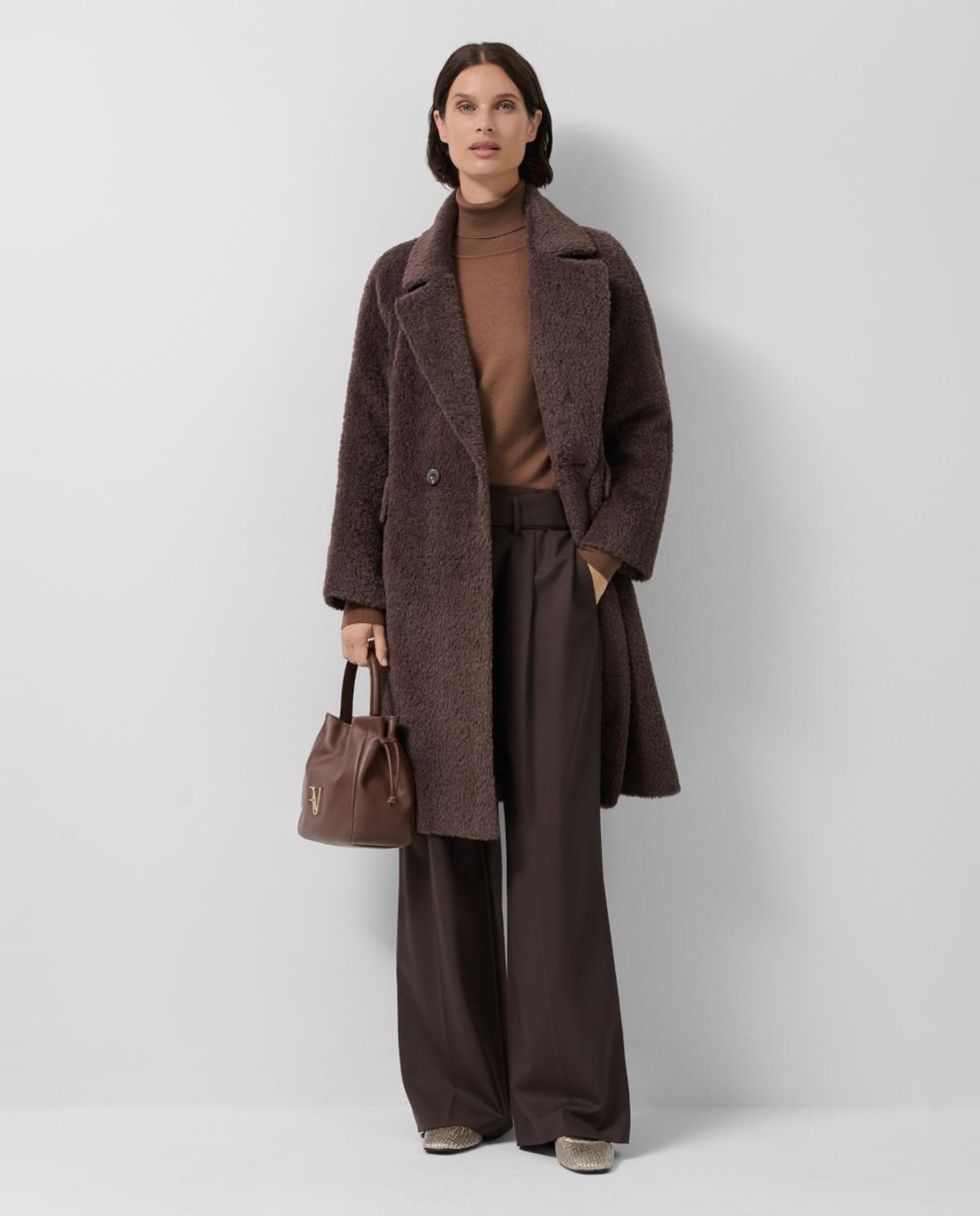 Sobretudo Assertoado Comprido de Lã e Alpaca Castanho-claro-1