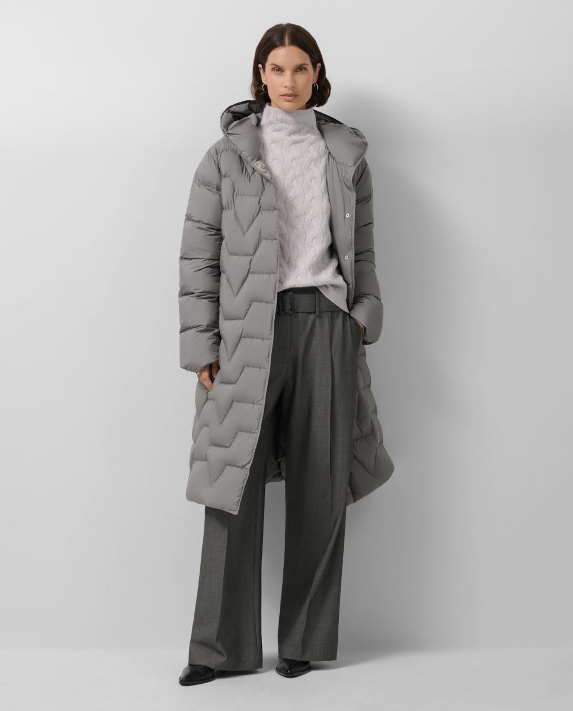 Blusão acolchoado comprido de mulher com capuz Cinzento-escuro-2