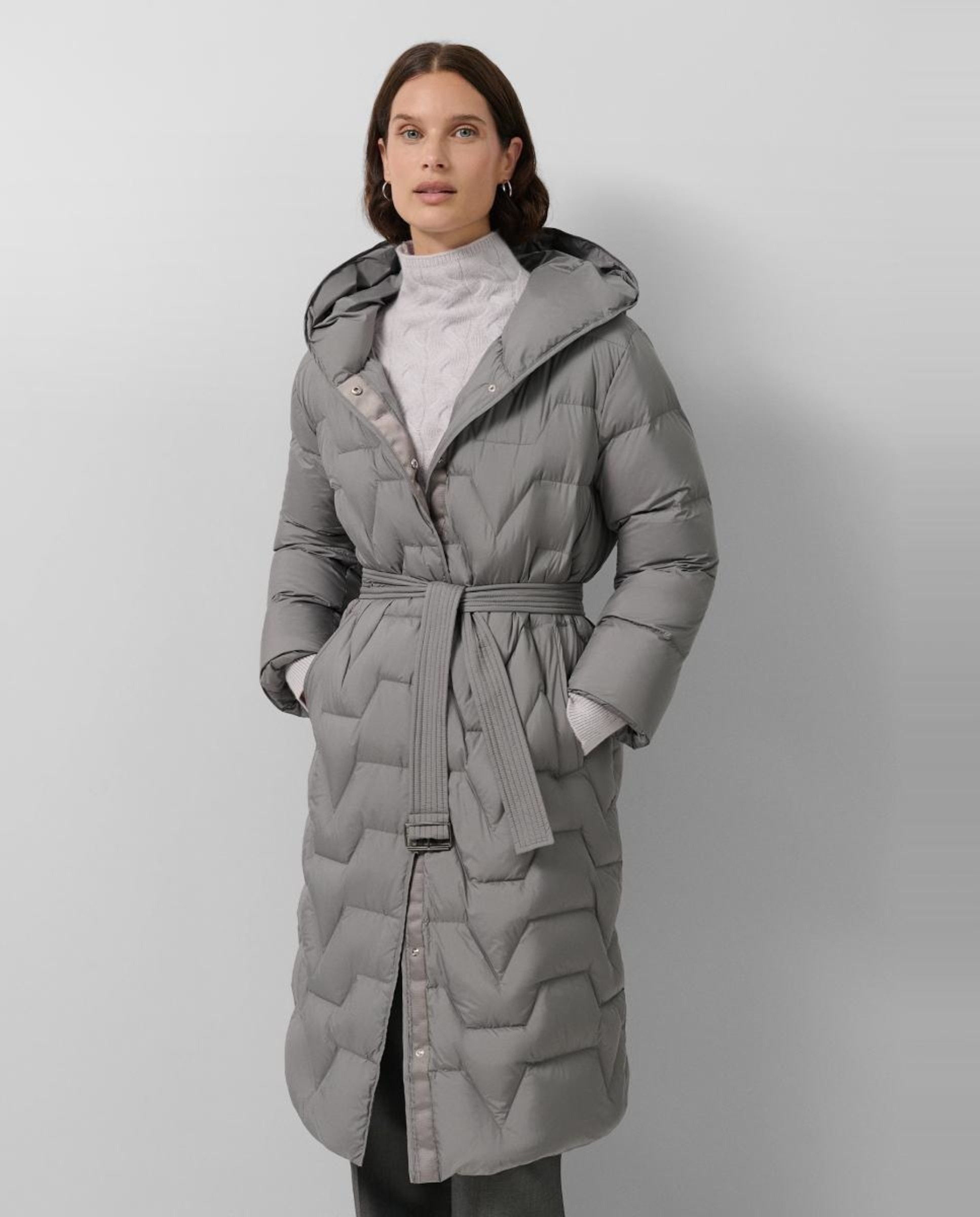 Blusão acolchoado comprido de mulher com capuz Cinzento-escuro-1