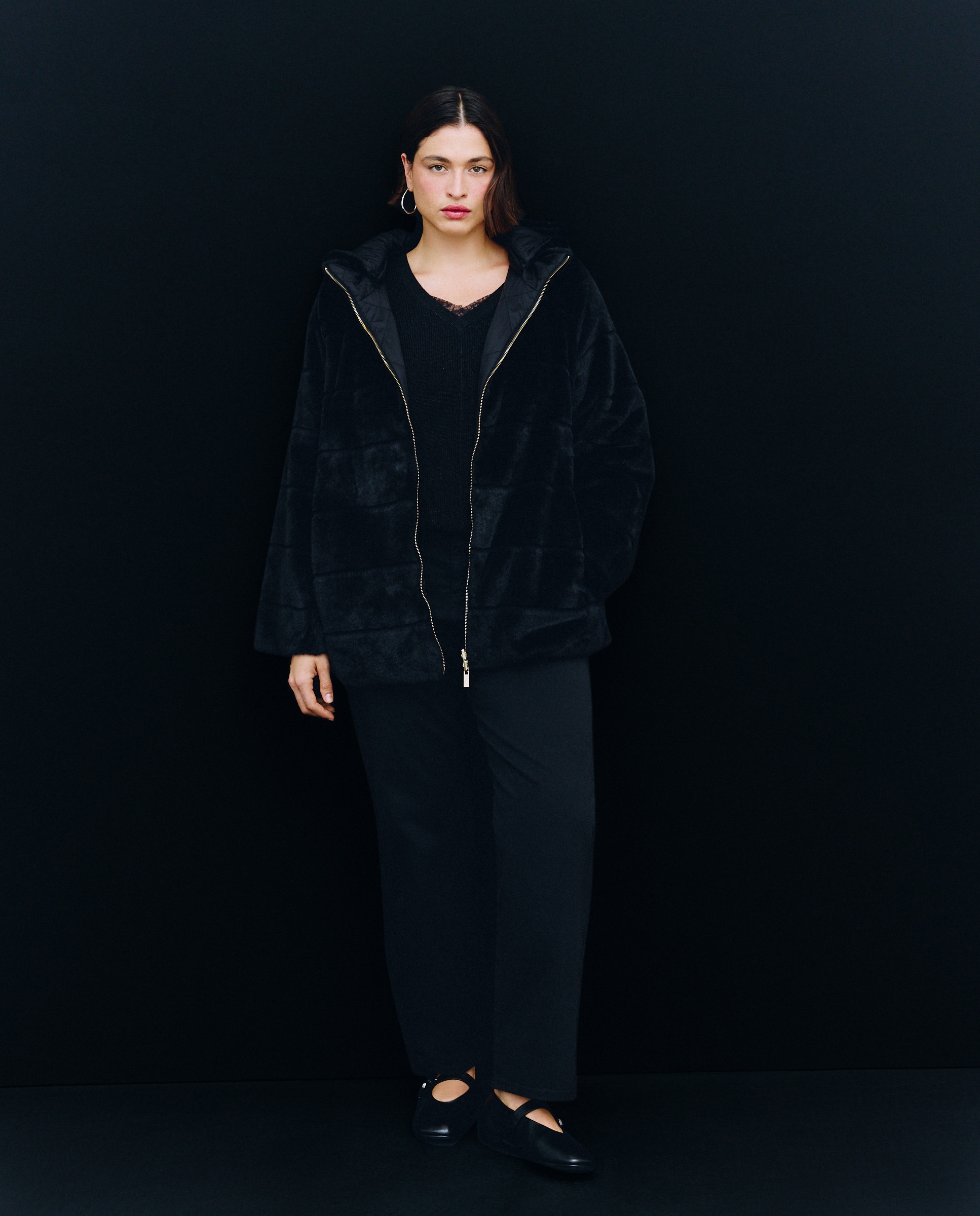 Casacão com Efeito de Pelo Reversível Preto-1