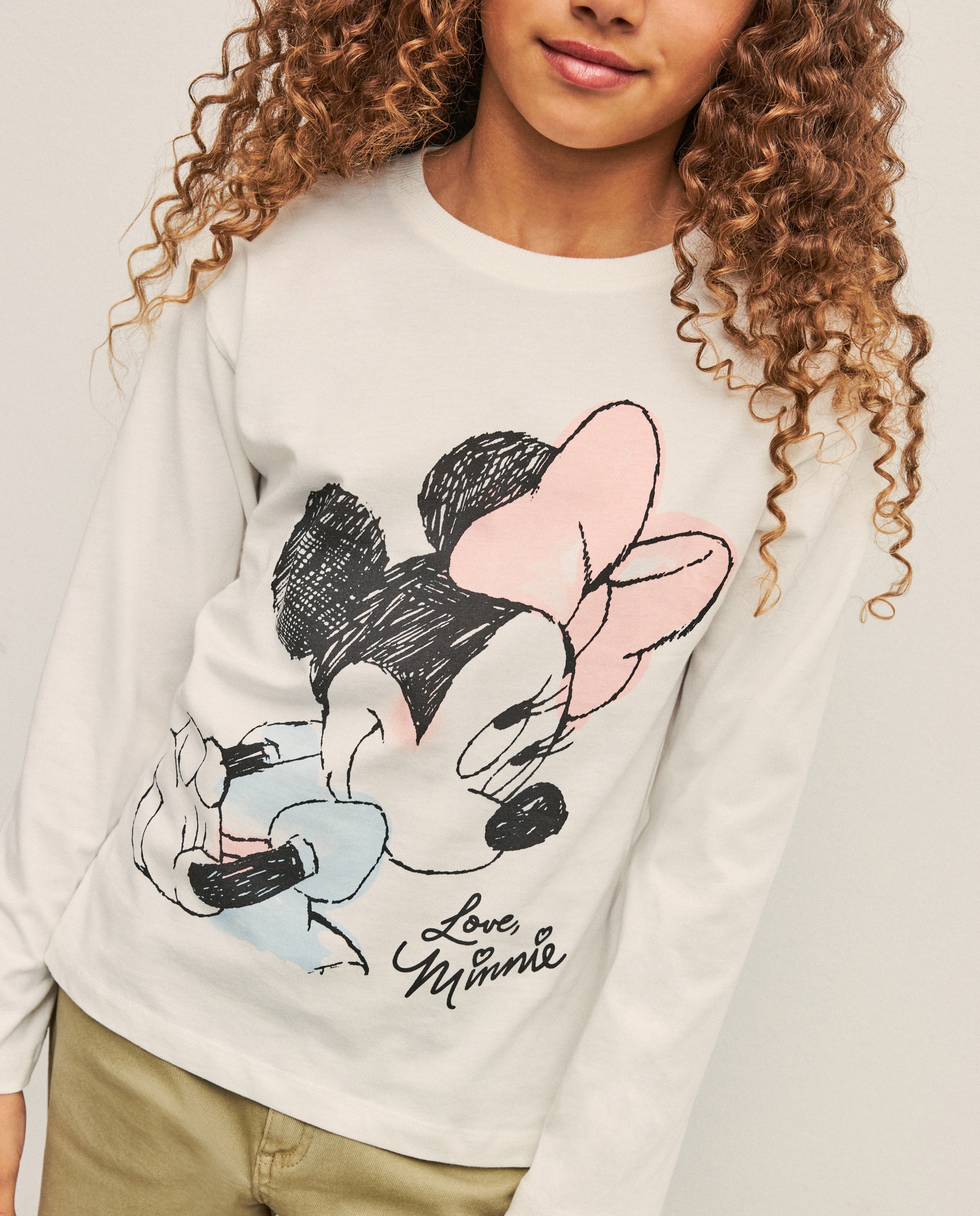Camisola de Manga Comprida com Estampado da Minnie Branco-marfim-4