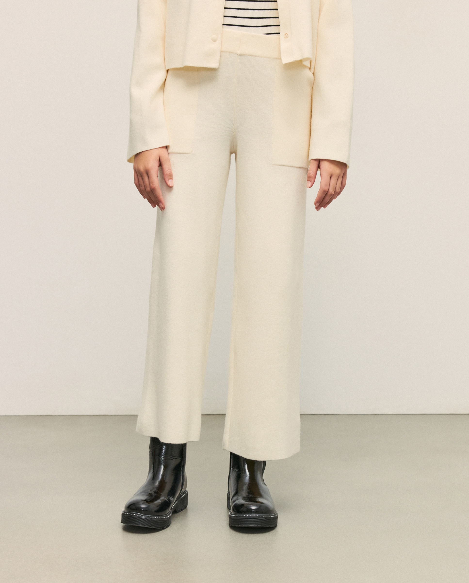 Calças Wide Leg de Tricot de Malha Milano 120 Cru-2