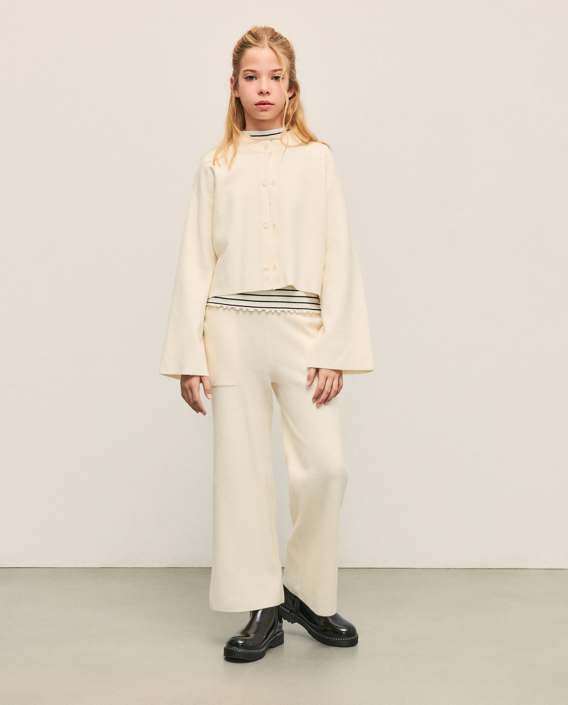 Calças Wide Leg de Tricot de Malha Milano 120 Cru-1