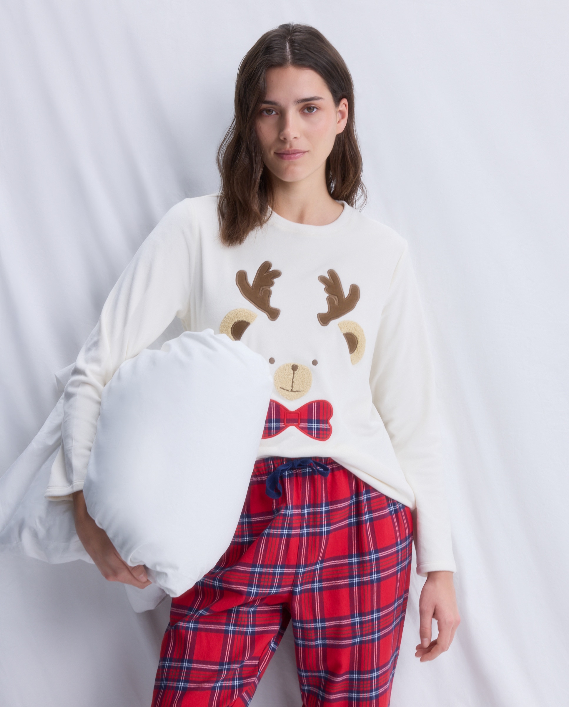 Pijama Natalício com Calças aos Quadrados Branco-marfim-1