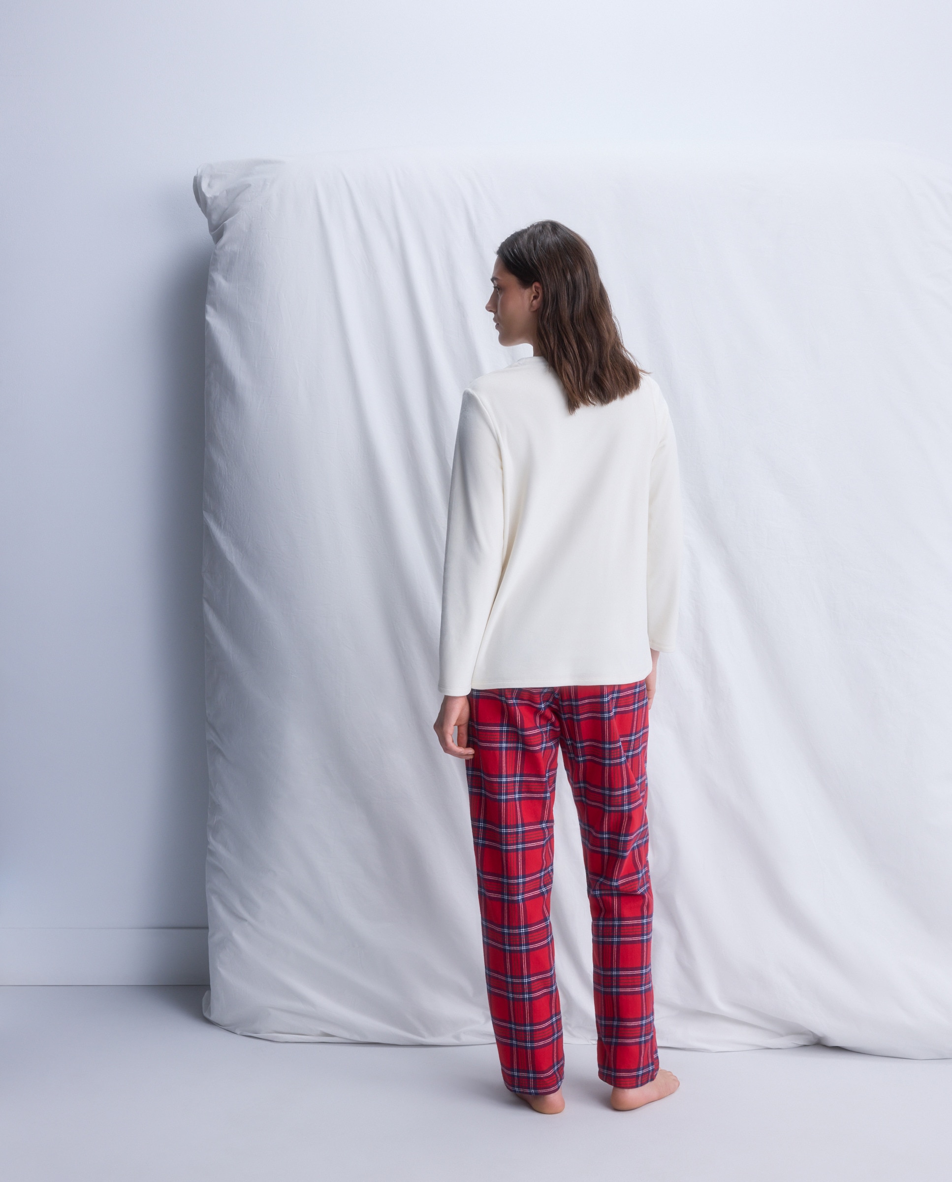 Pijama Natalício com Calças aos Quadrados Branco-marfim-3