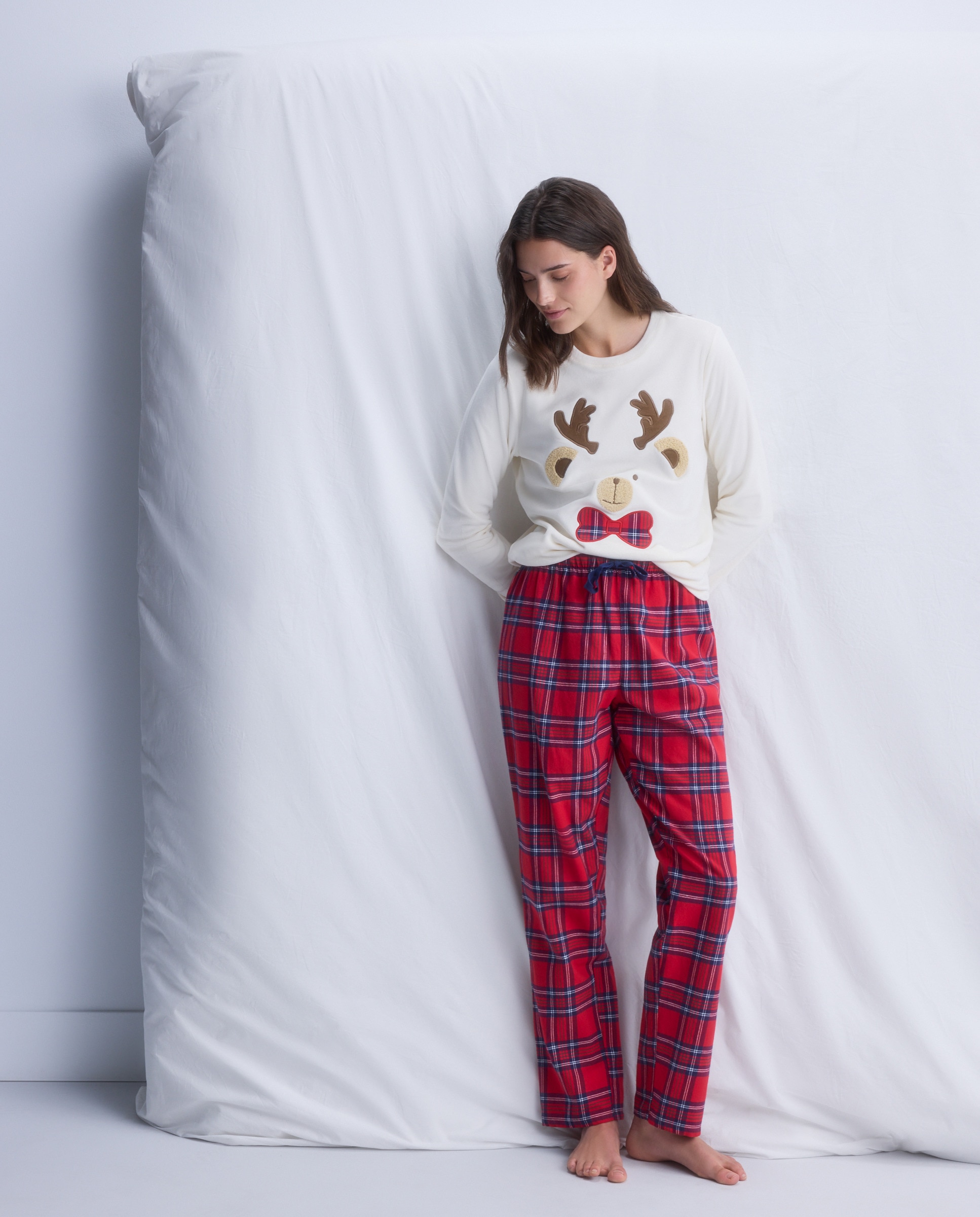 Pijama Natalício com Calças aos Quadrados Branco-marfim-2