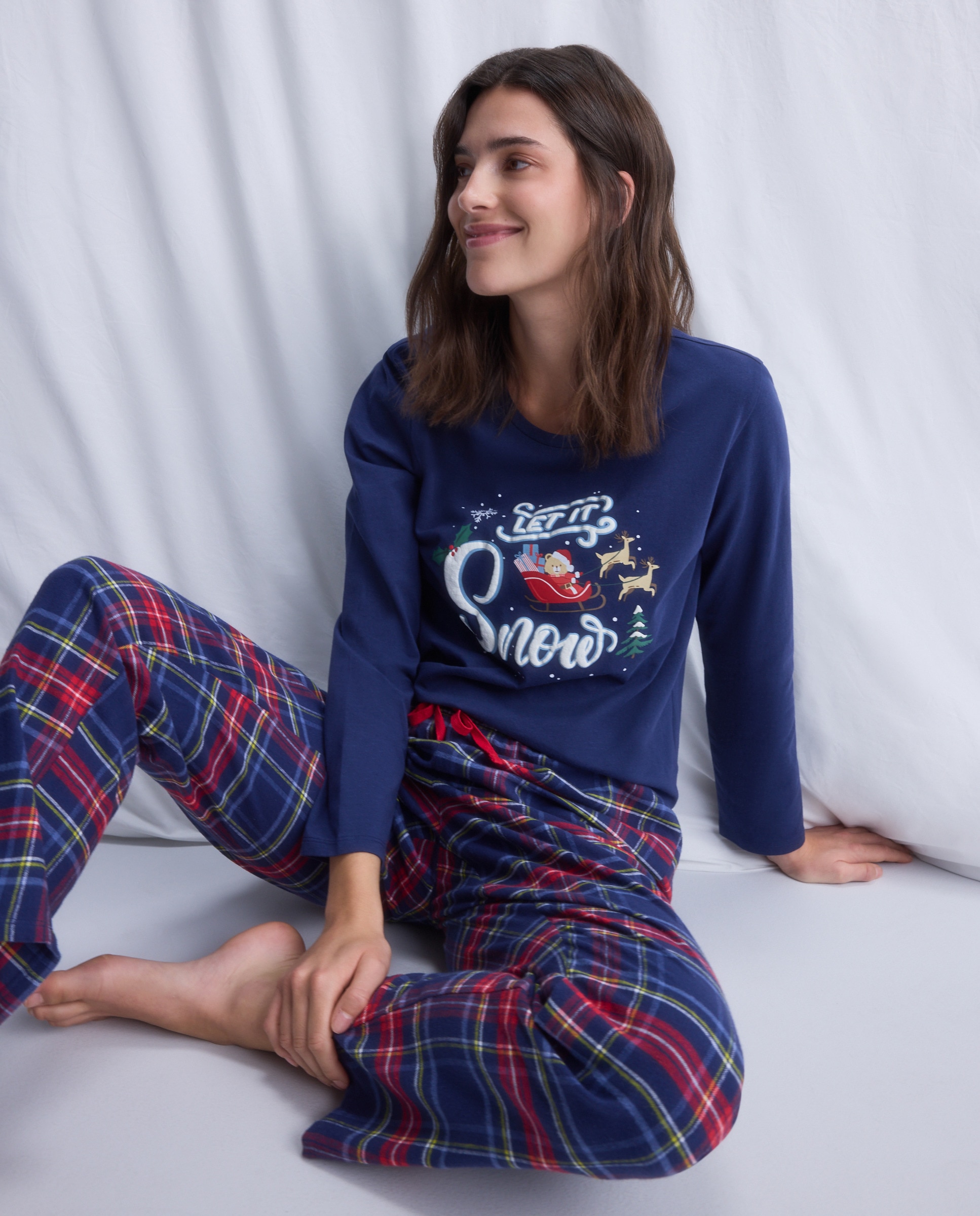 Pijama Natalício com T-shirt "Let It Snow" Azul-marinho-1