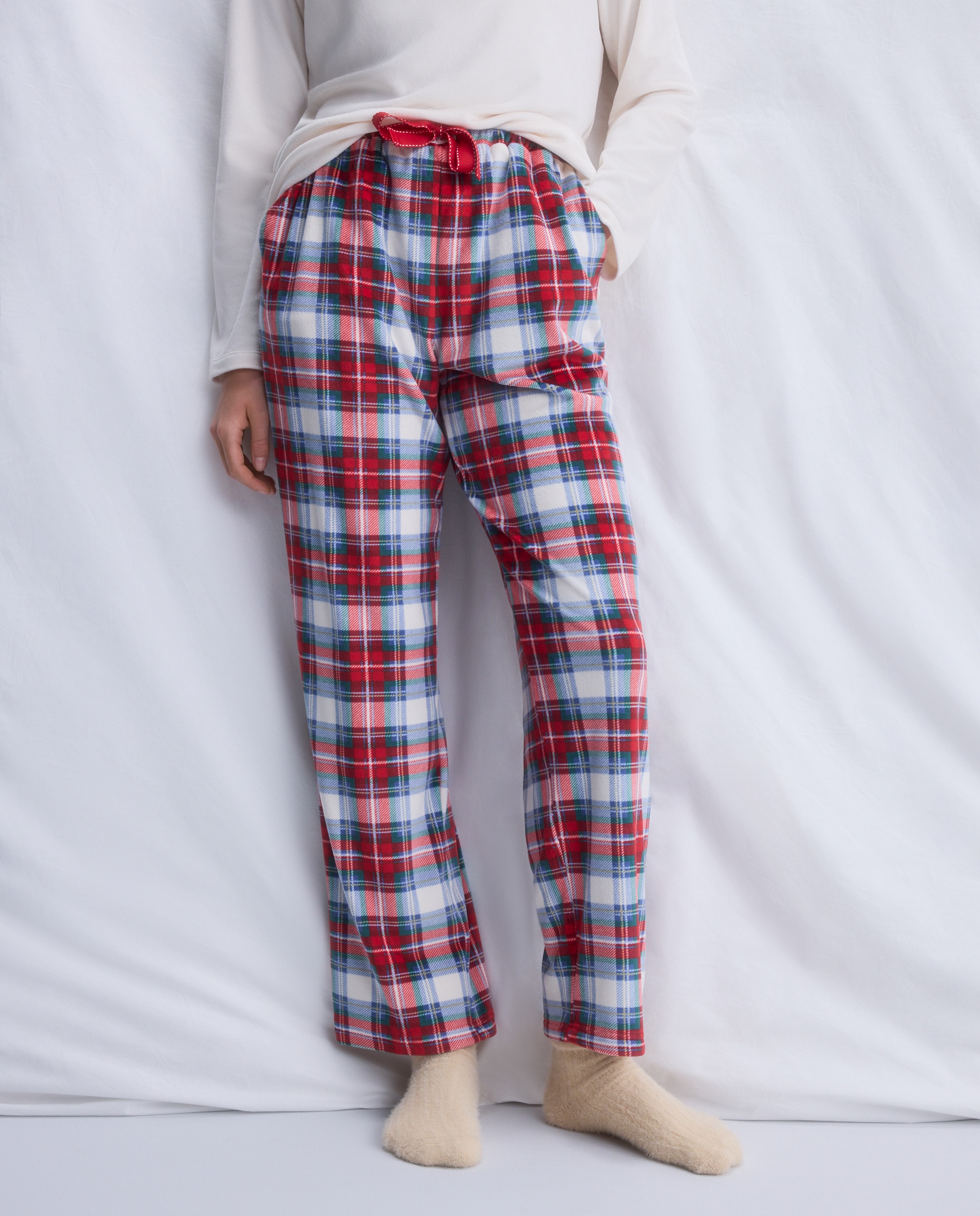 Calças de Pijama Regular aos Quadrados Vermelho-2