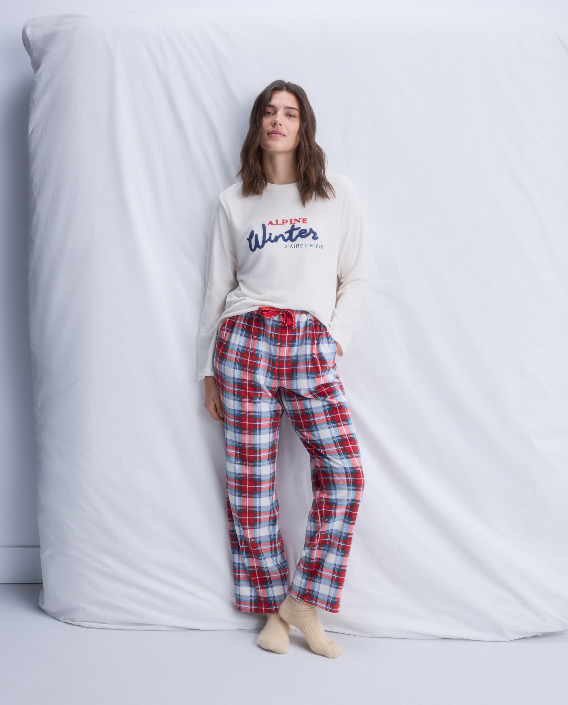 Calças de Pijama Regular aos Quadrados Vermelho-1