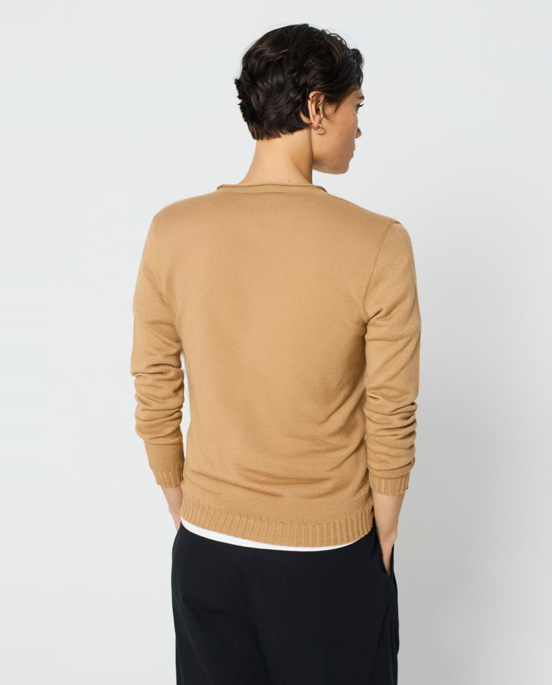 Camisola de Malha com Decote em Bico e Adorno à Frente Camel-2