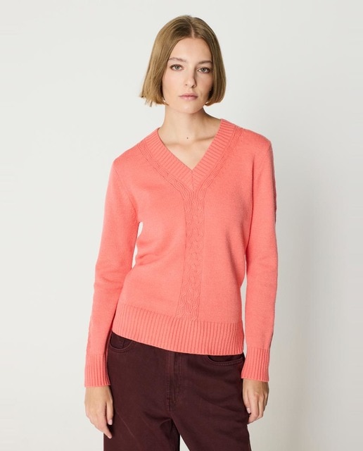 Imagem 0 de Camisola de Malha Entrançada com Decote em Bico