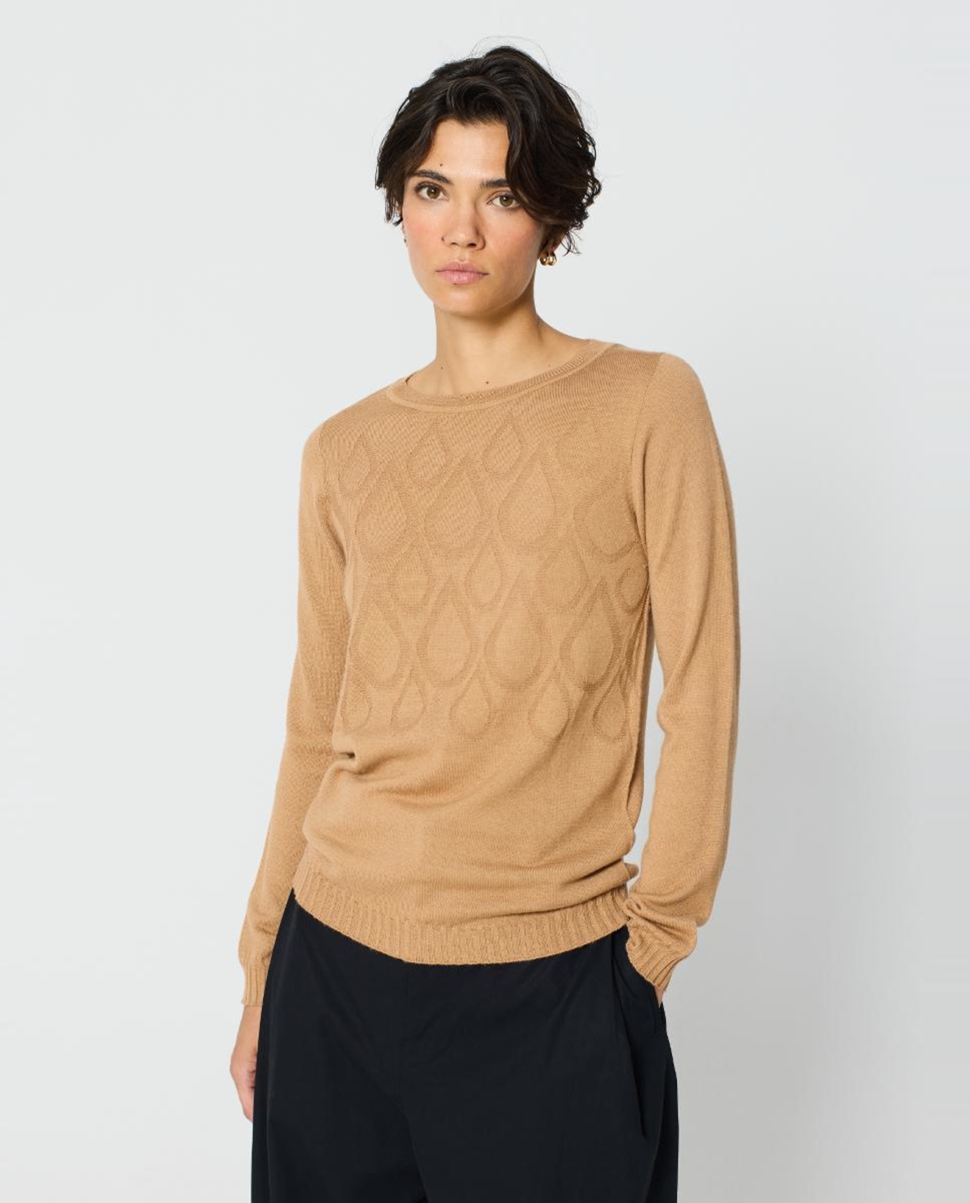 Camisola de Malha com Gotas Texturizadas à Frente Camel-1