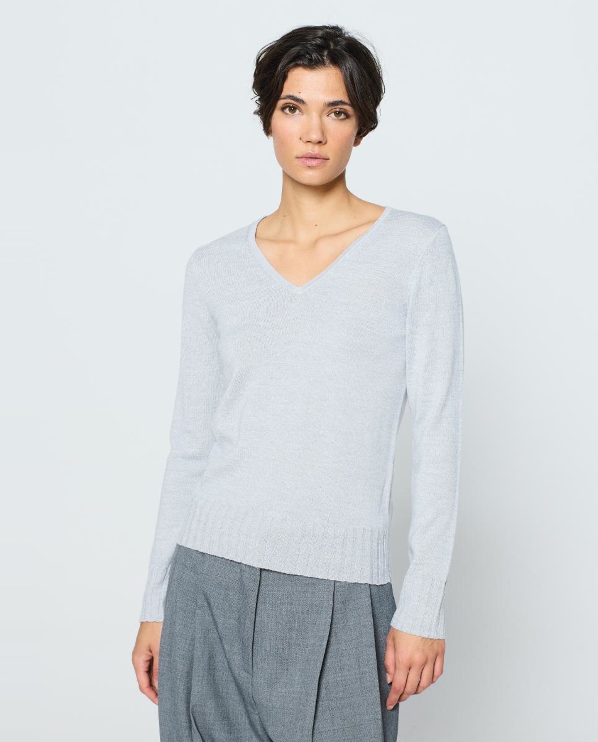 Camisola de Malha Básica com Decote em Bico e Manga Comprida Cinzento médio-1