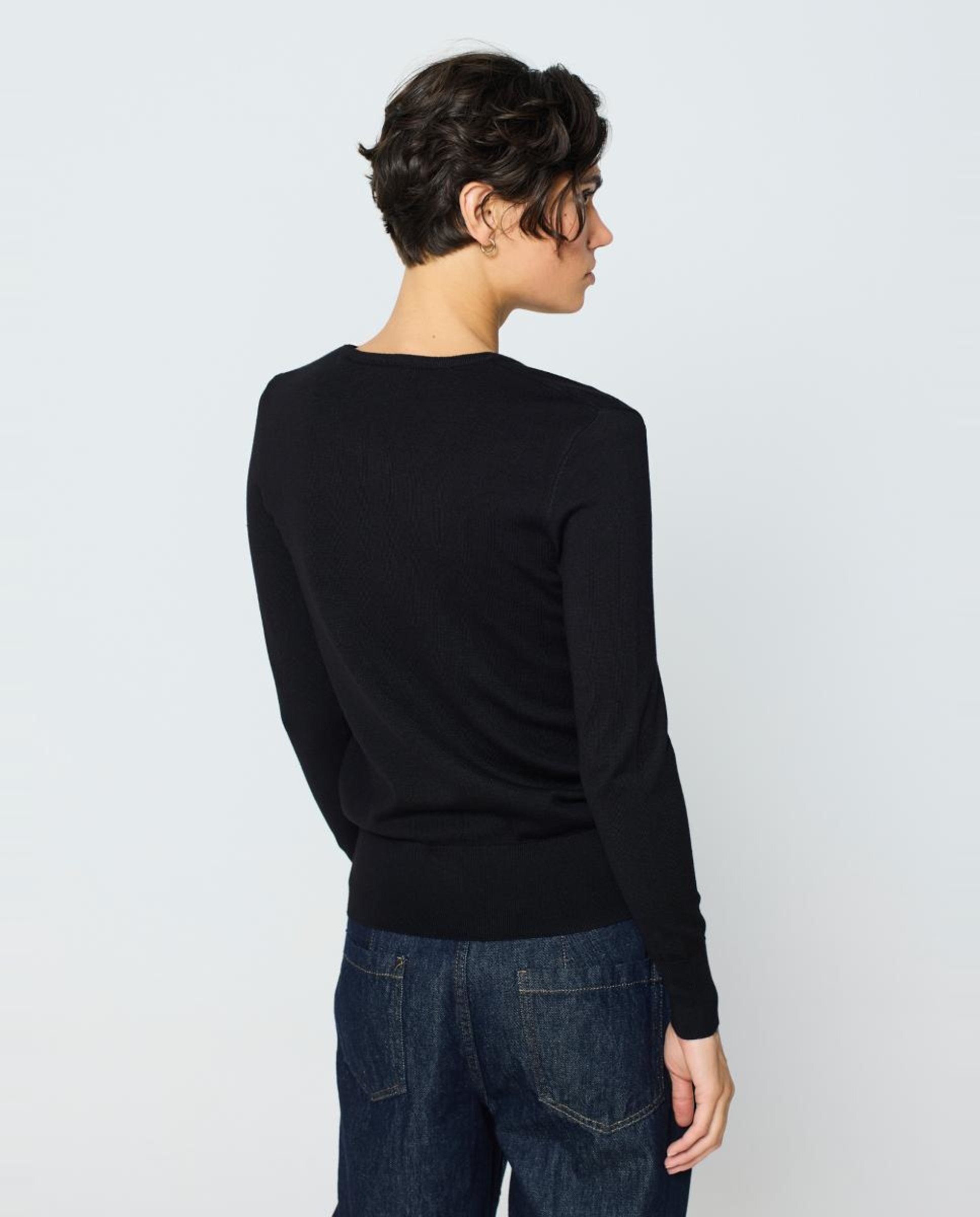 Camisola de Malha Básica com Canelado Largo, Decote em Bico e Manga Comprida Preto-2