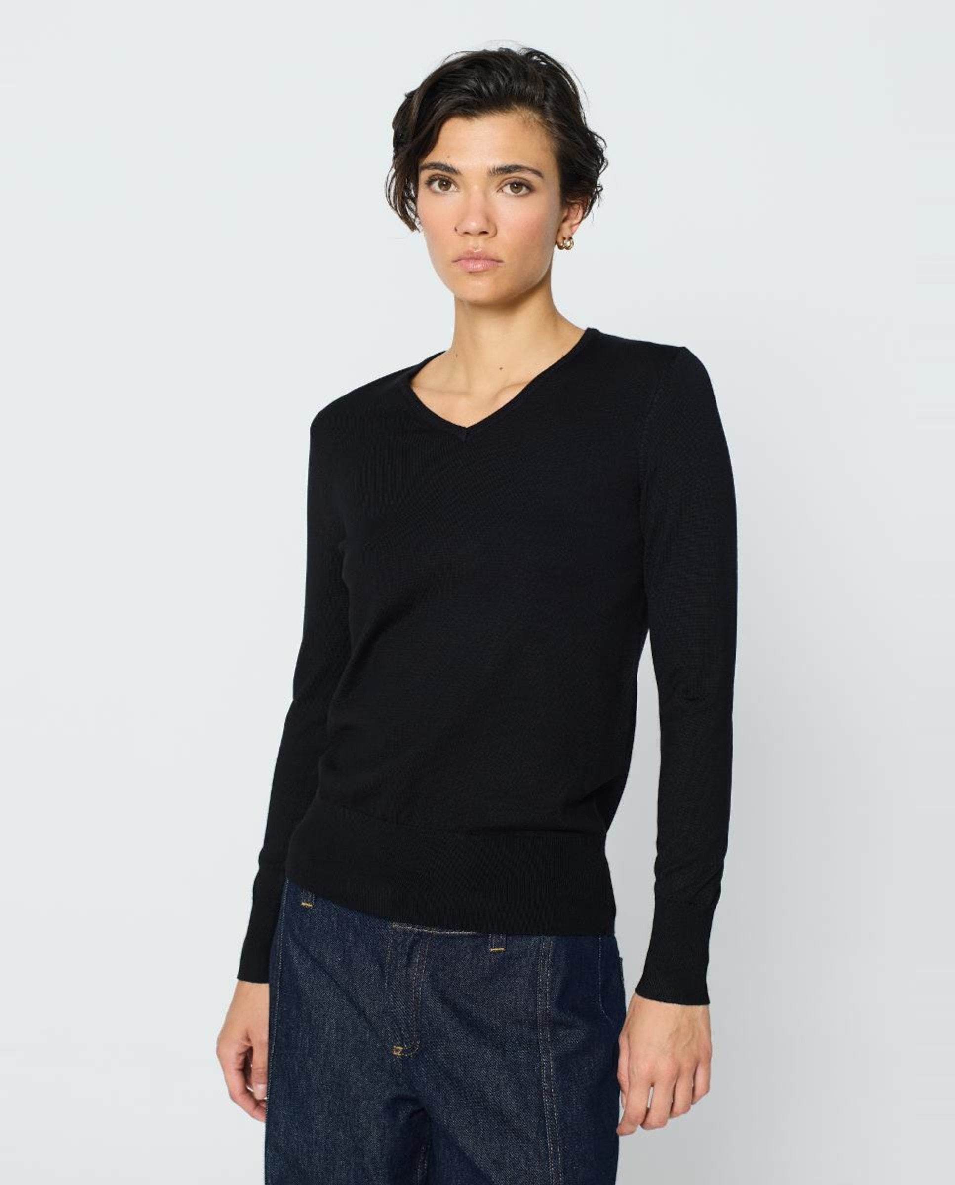 Camisola de Malha Básica com Canelado Largo, Decote em Bico e Manga Comprida Preto-1