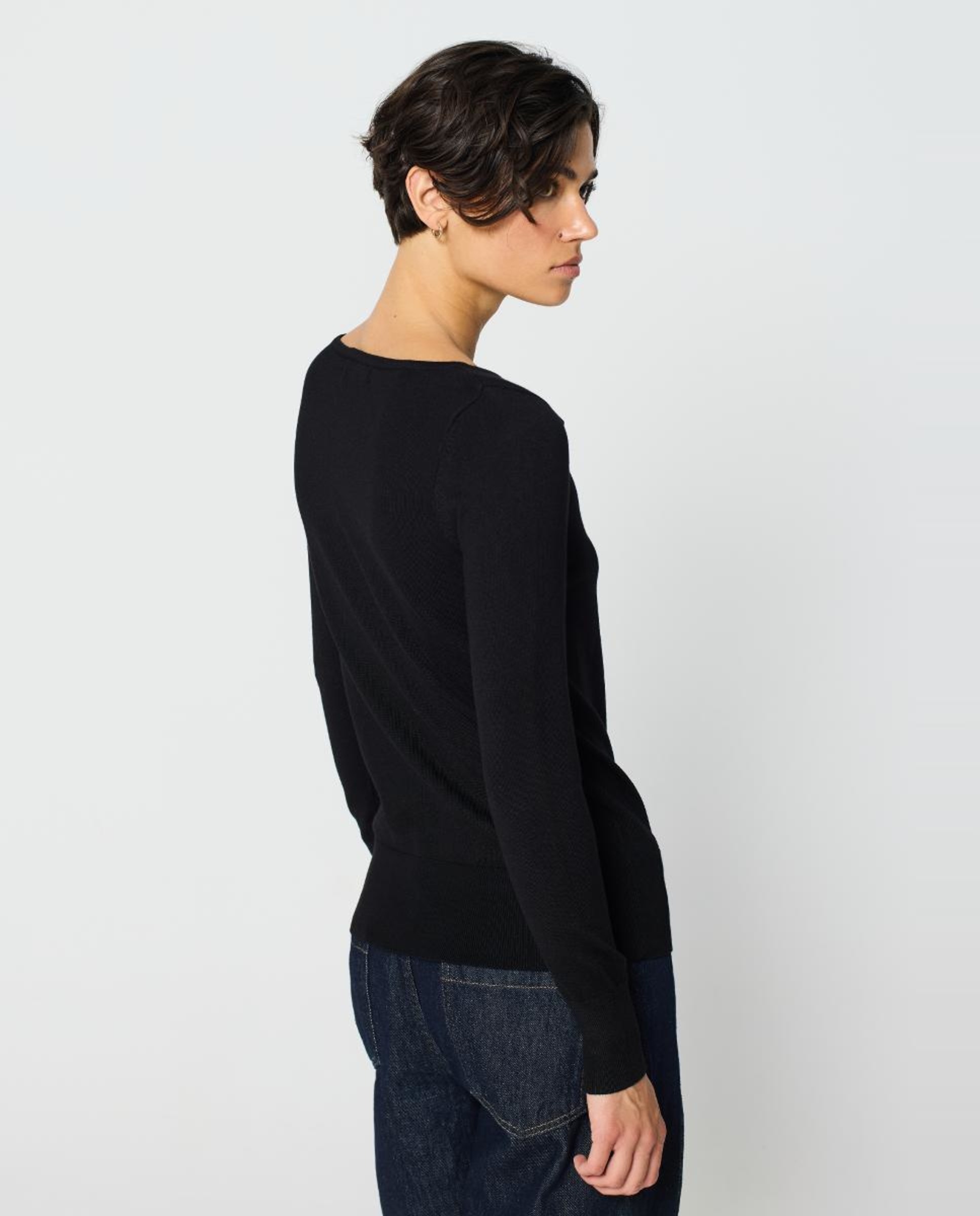 Camisola de Malha com Canelado nos Punhos e Bainhas e Manga Comprida Preto-2