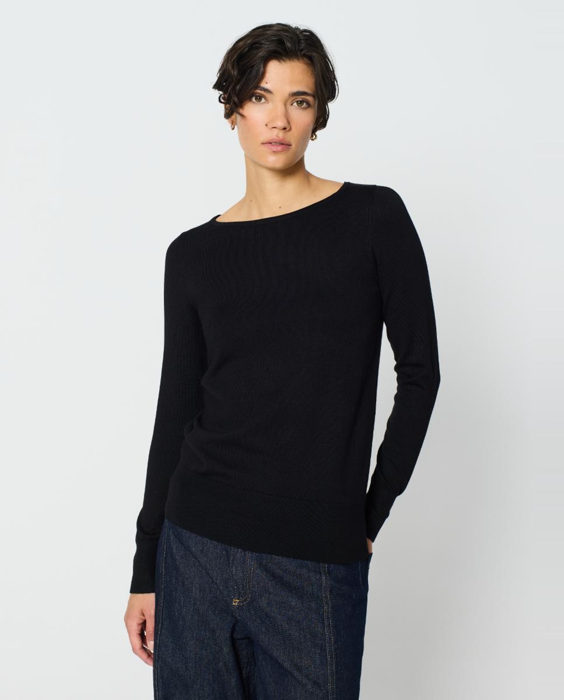 Camisola de Malha com Canelado nos Punhos e Bainhas e Manga Comprida Preto-1