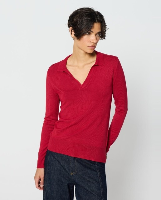 Imagen 0 de Jersey de mujer cuello polo y manga larga con detalle canalé ancho en puños y bajo