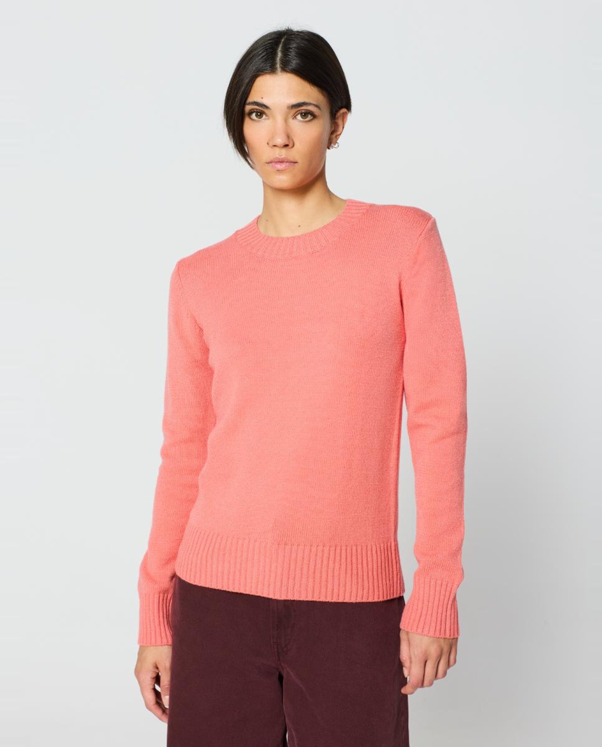 Camisola de Malha Entrançada com Decote Redondo Coral-1
