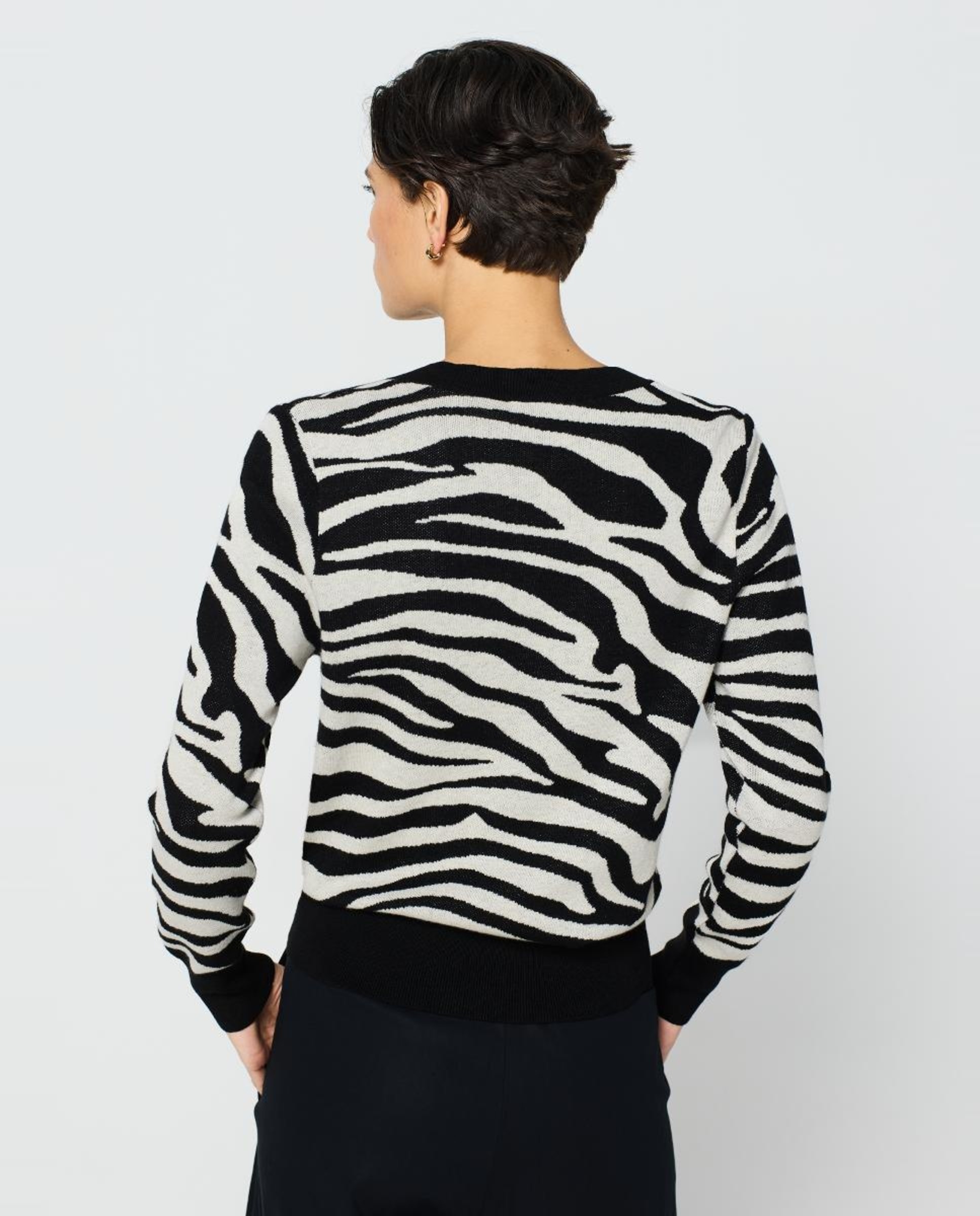 Camisola de Malha com Jacquard de Zebra e Decote em Bico Preto-2