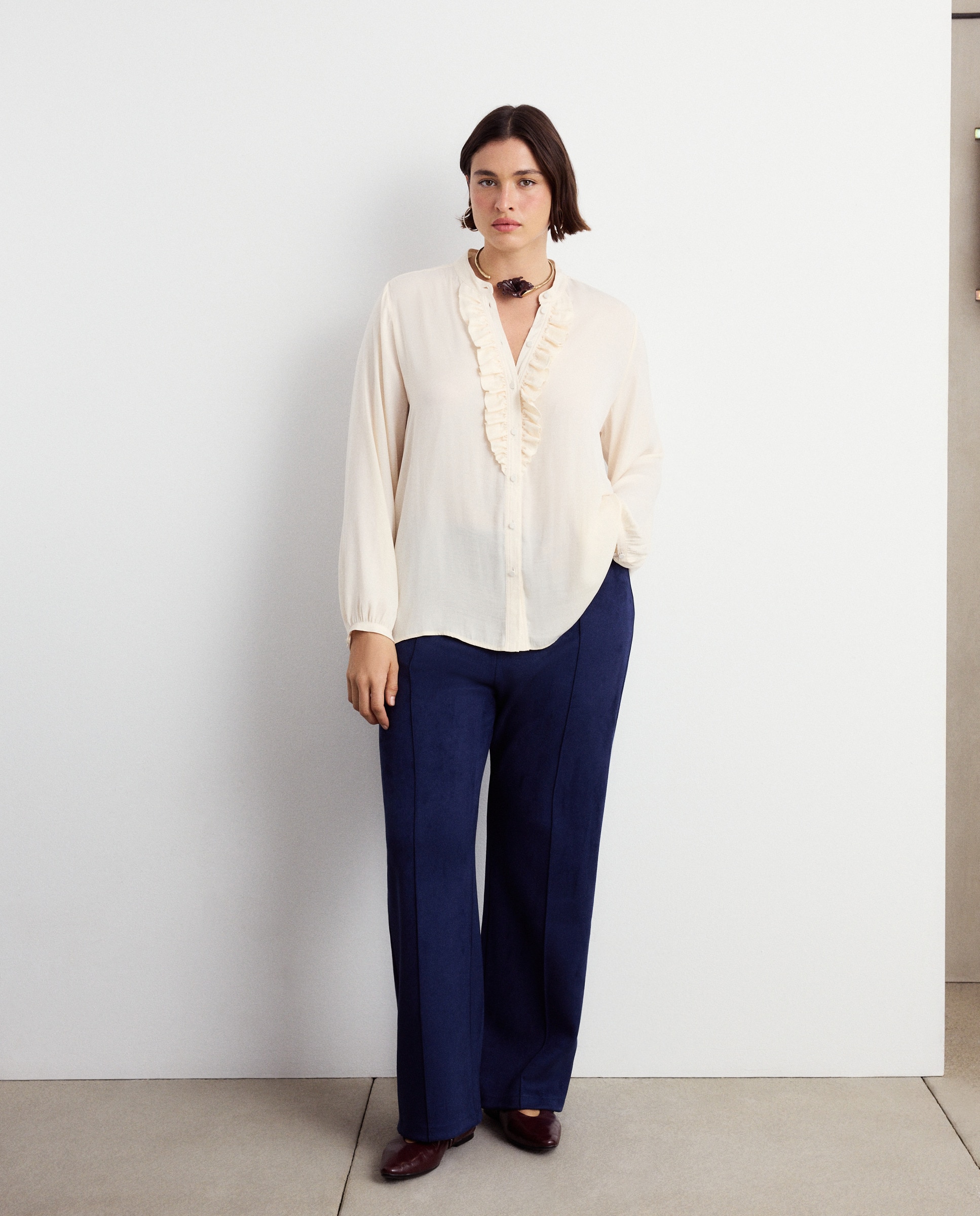 Calças de Efeito de Camurça 430 Azul Escuro-1