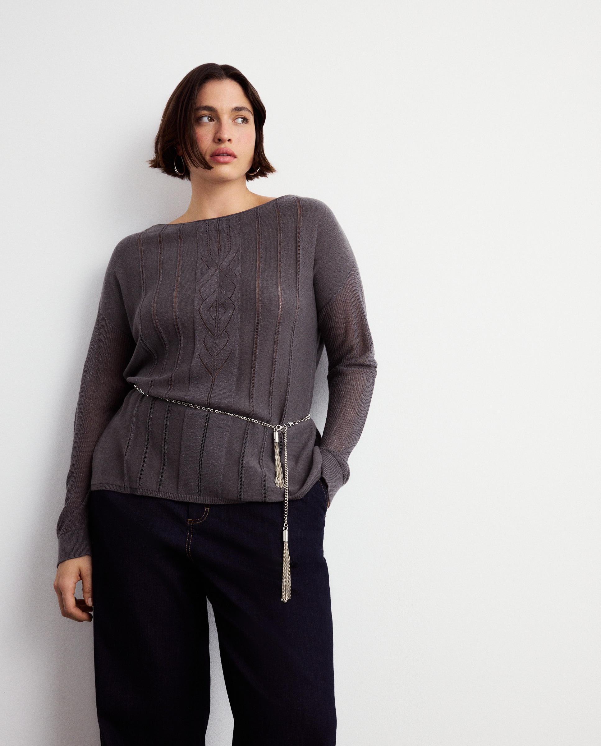 Camisola de Malha de Algodão Lisa Cinzento-claro-2
