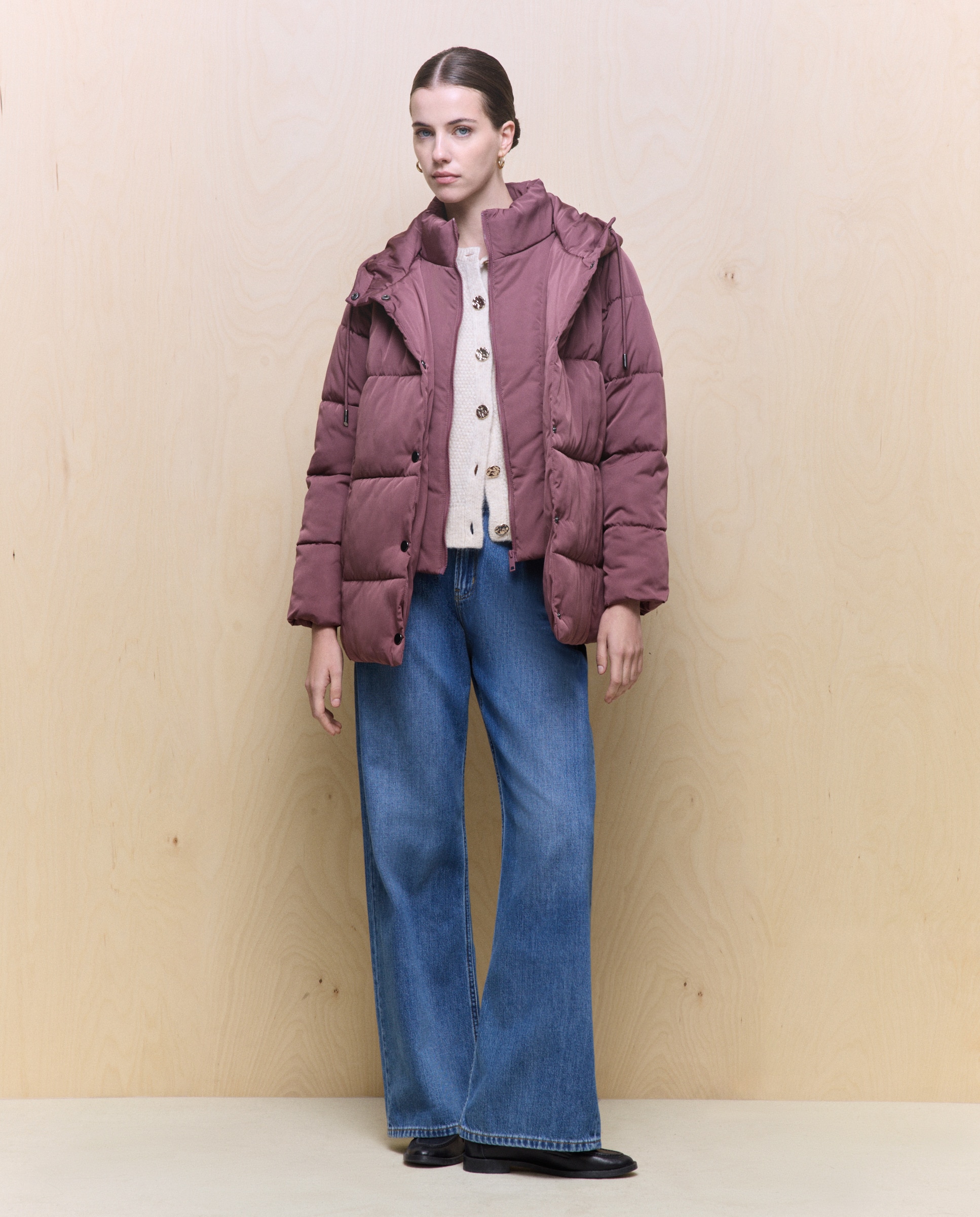 Casaco Acolchoado com Efeito de Peça Dupla Chocolate-2