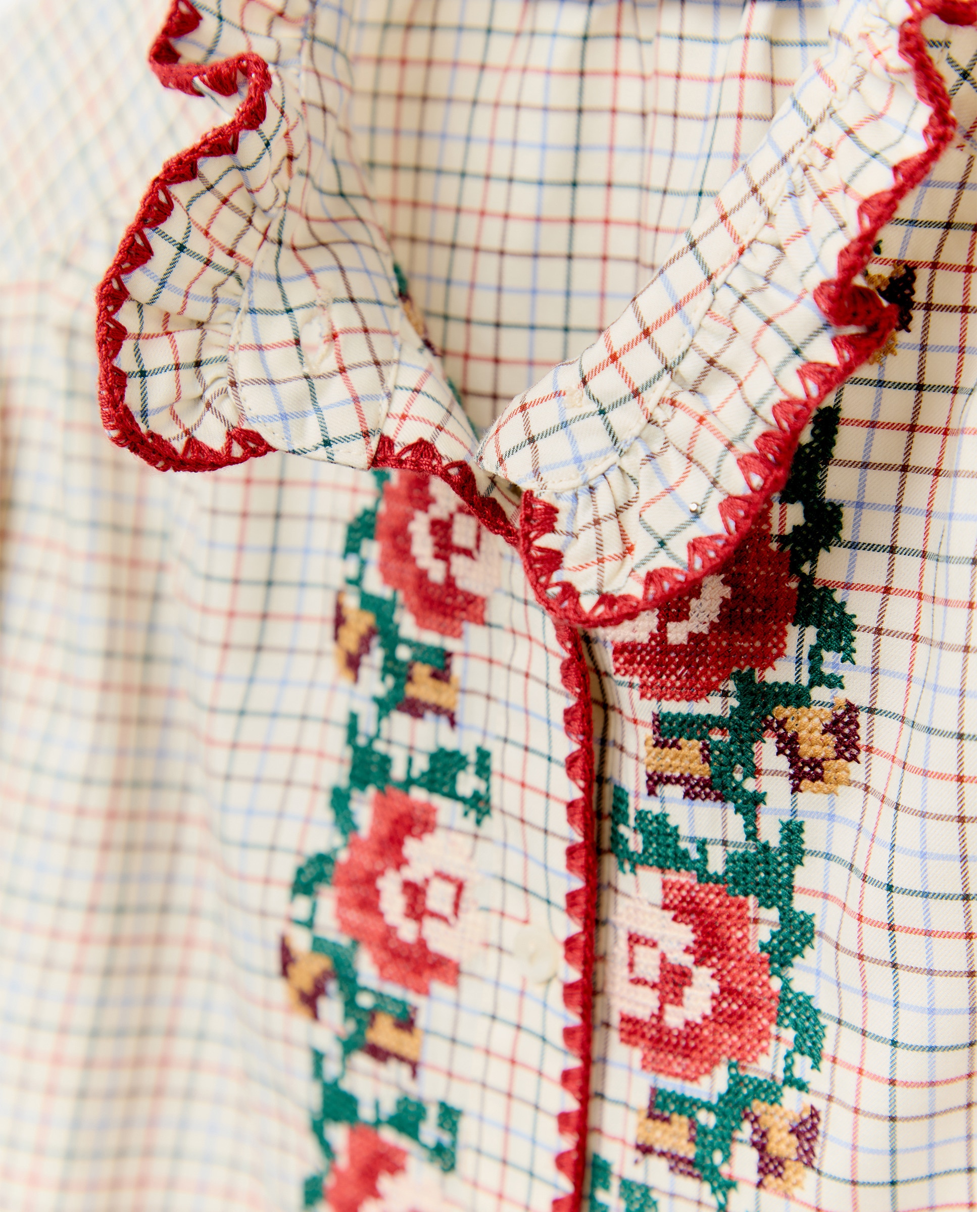 Blusa com Estampado Floral e aos Quadrados Branco-6