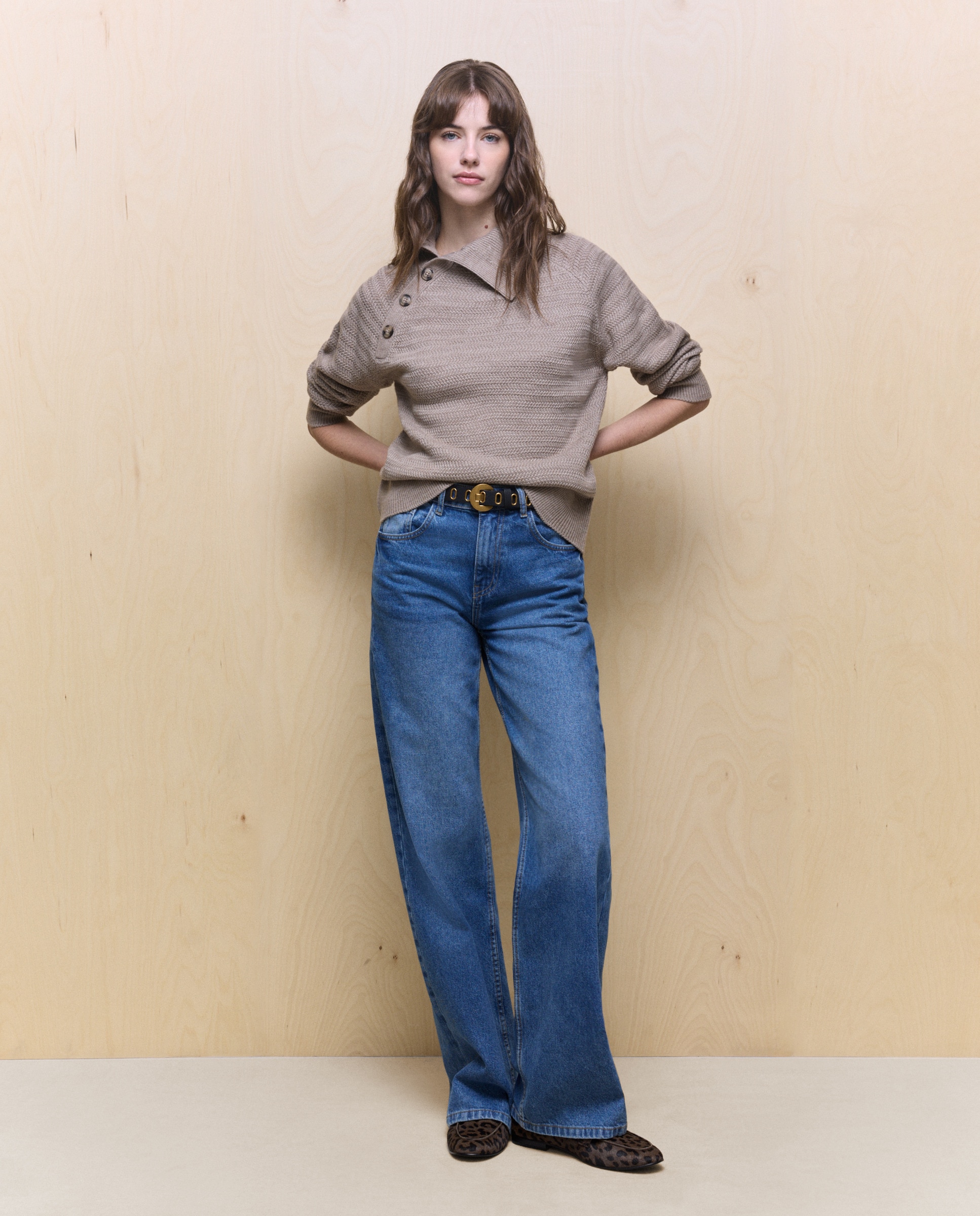 Camisola de Malha Estampada com Botões Castanho-3