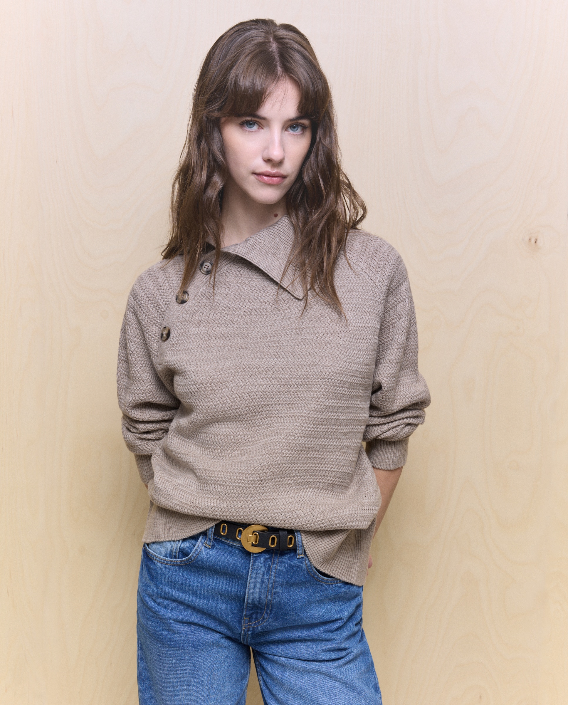 Camisola de Malha Estampada com Botões Castanho-1