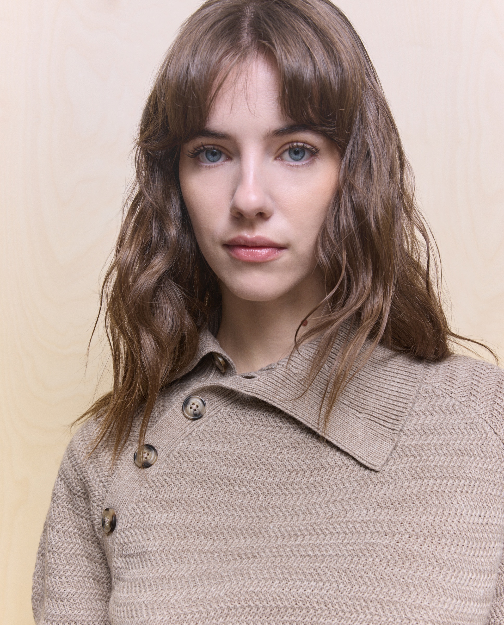 Camisola de Malha Estampada com Botões Castanho-2